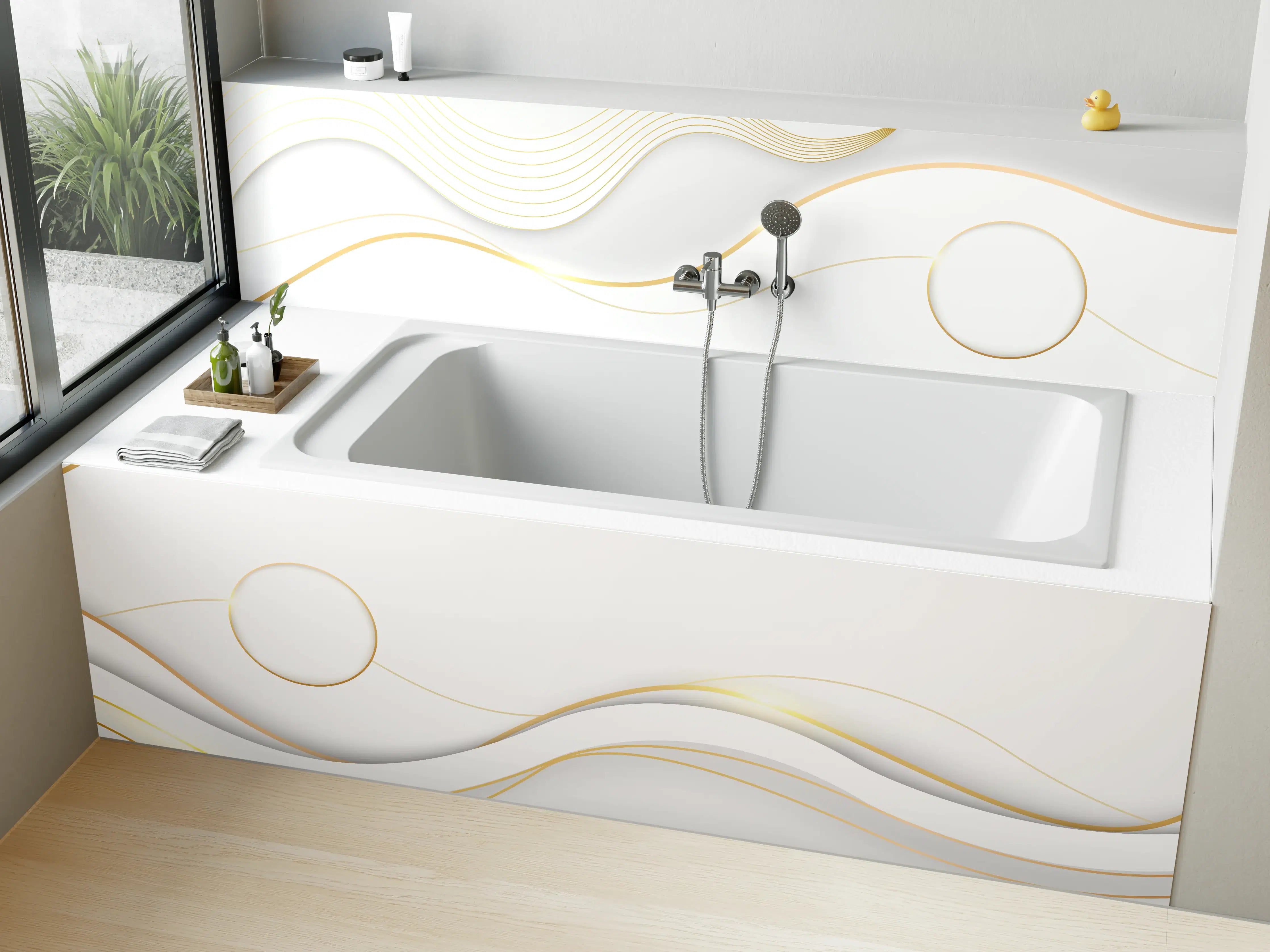 Badewannen-Rückwand - Elegante Weiß-Gold Wellen-Design