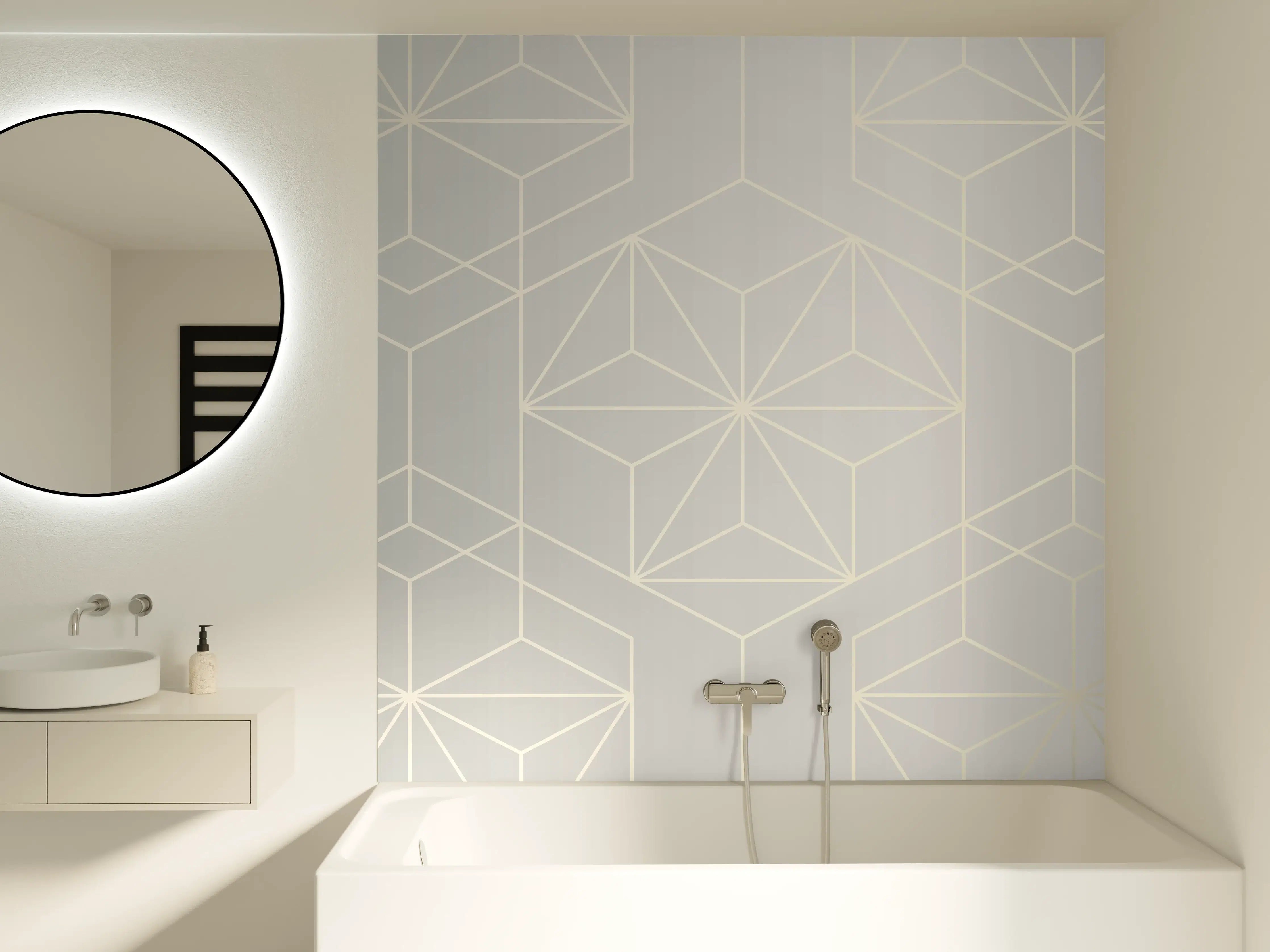 Badewannen-Rückwand - Elegante Weiß-Grau-Geometrie