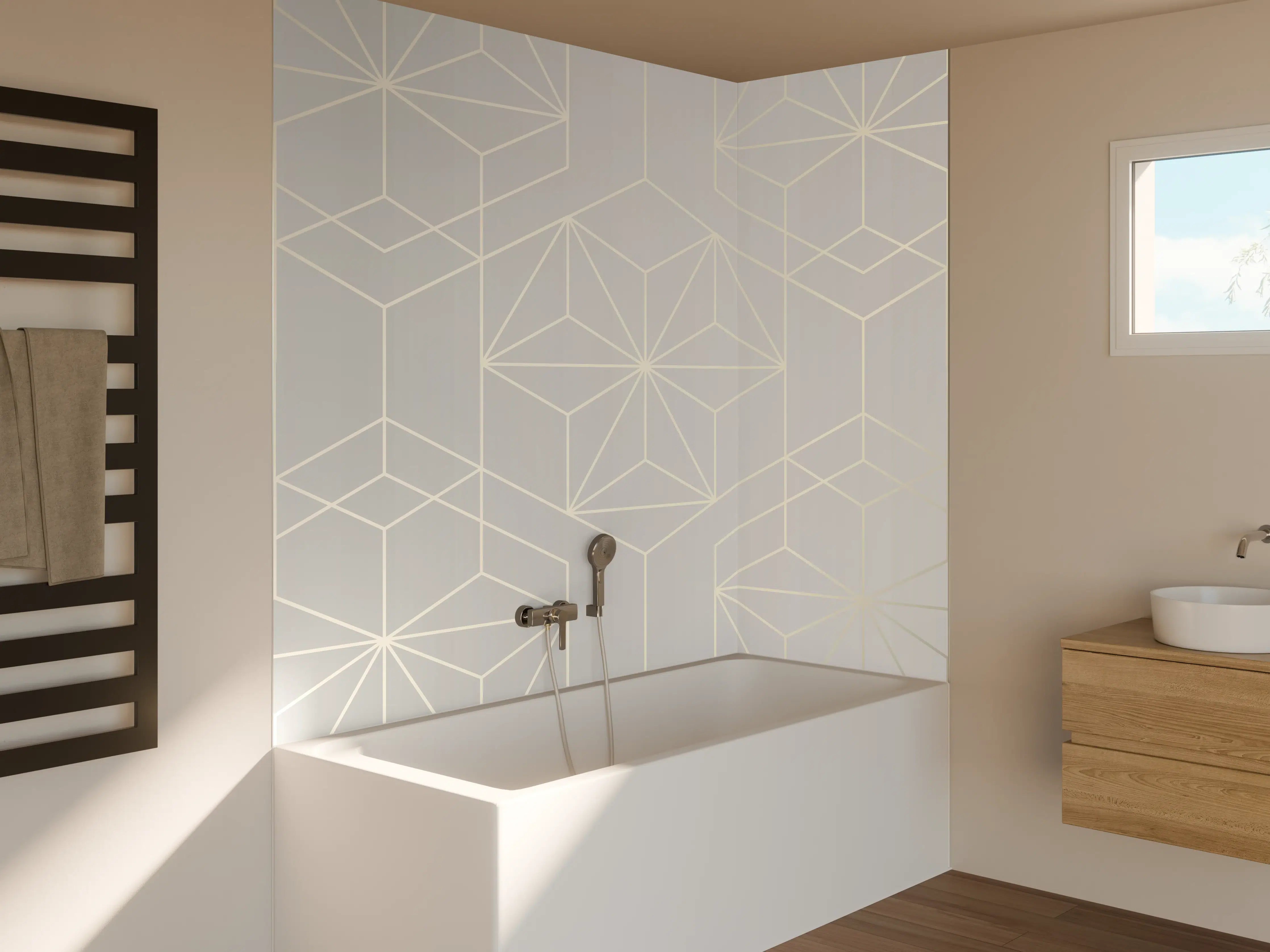 Badewannen-Rückwand - Elegante Weiß-Grau-Geometrie