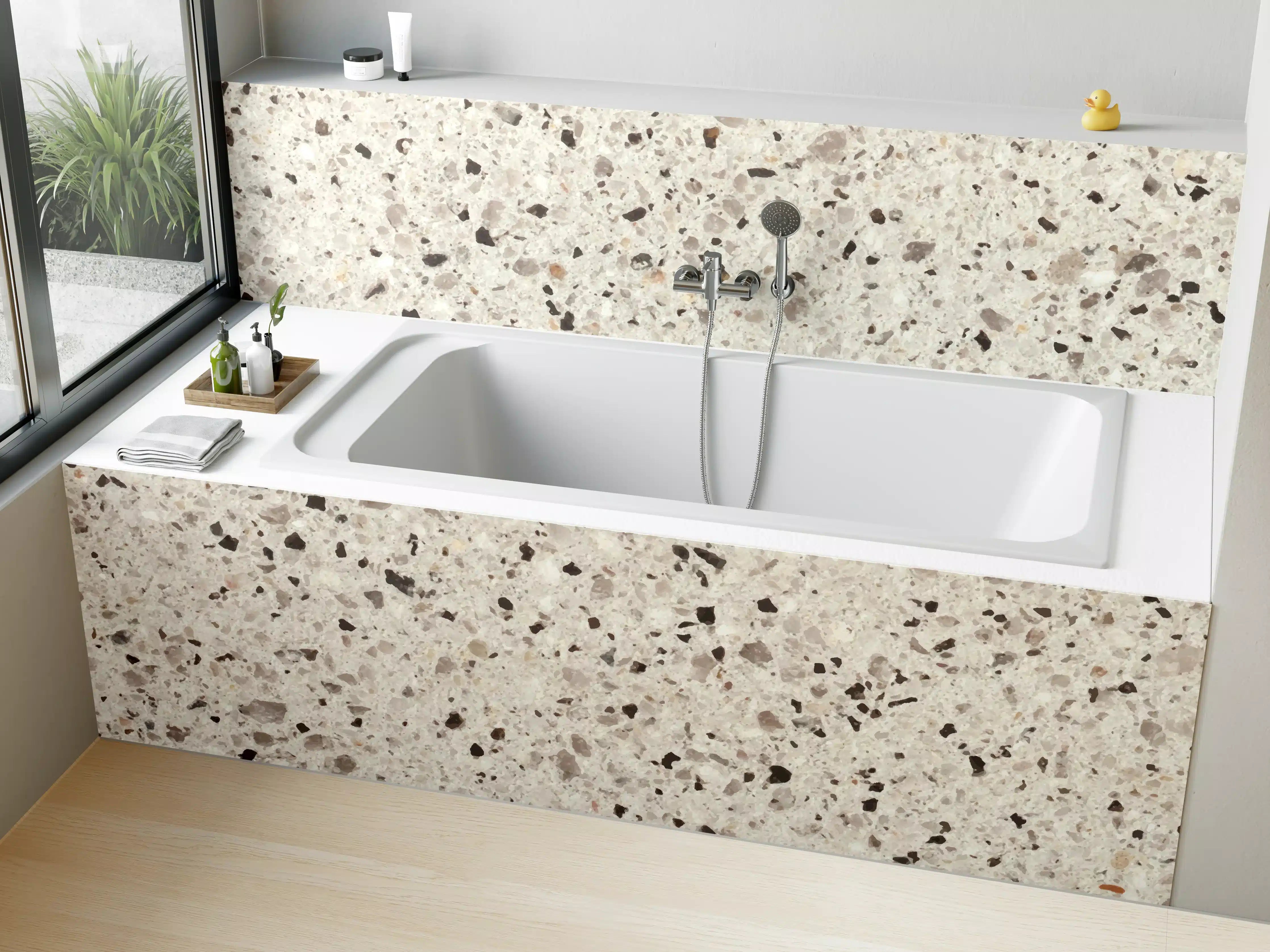 Badewannen-Rückwand - Elegante Weiß-Grau Terrazzo-Optik