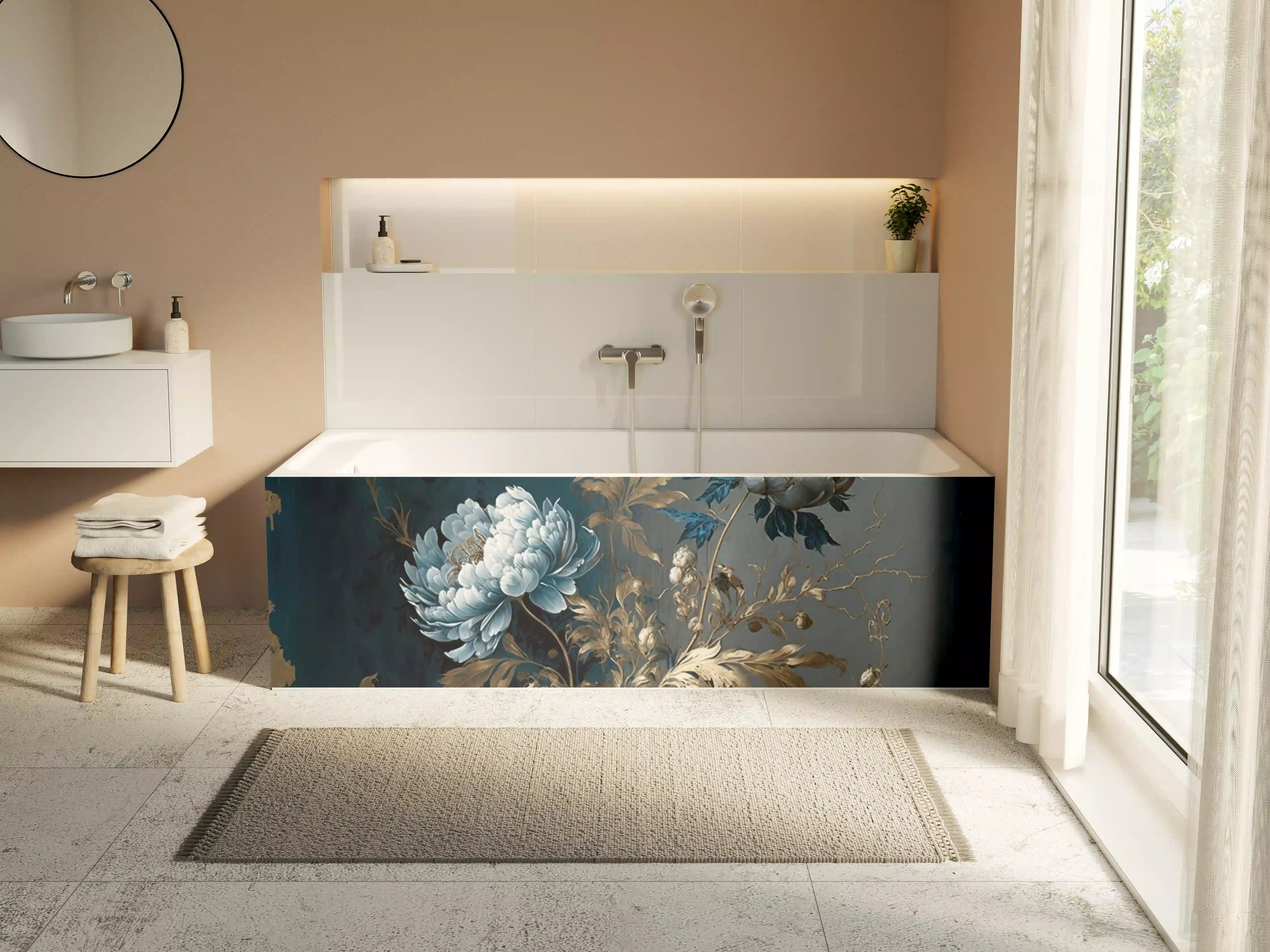 Badewannen-Rückwand - Elegante blauen Blumen mit goldenen Akzenten
