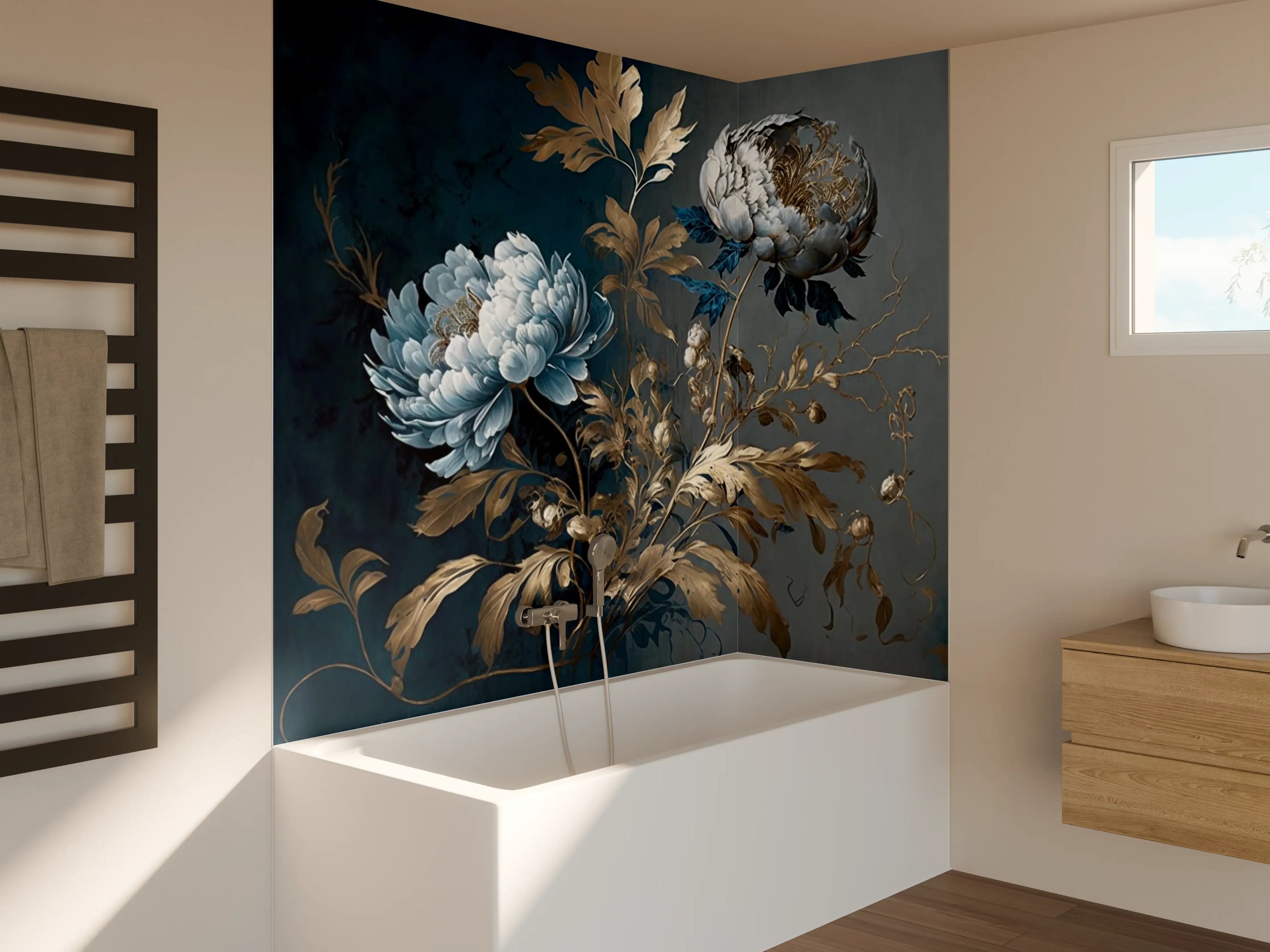 Badewannen-Rückwand - Elegante blauen Blumen mit goldenen Akzenten