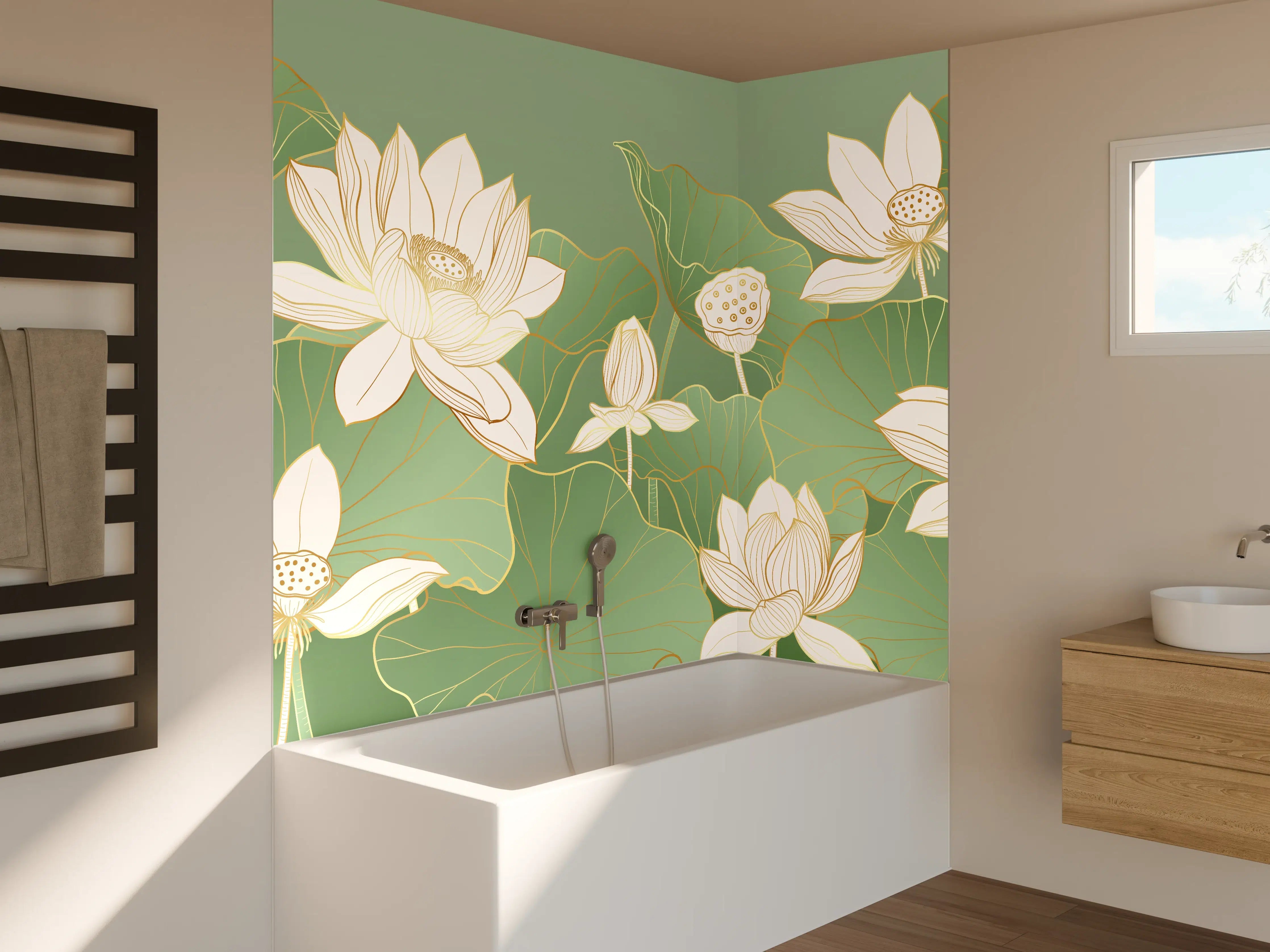 Badewannen-Rückwand - Elegante weiße Lotusblumen auf grünen Wasserlilienblättern