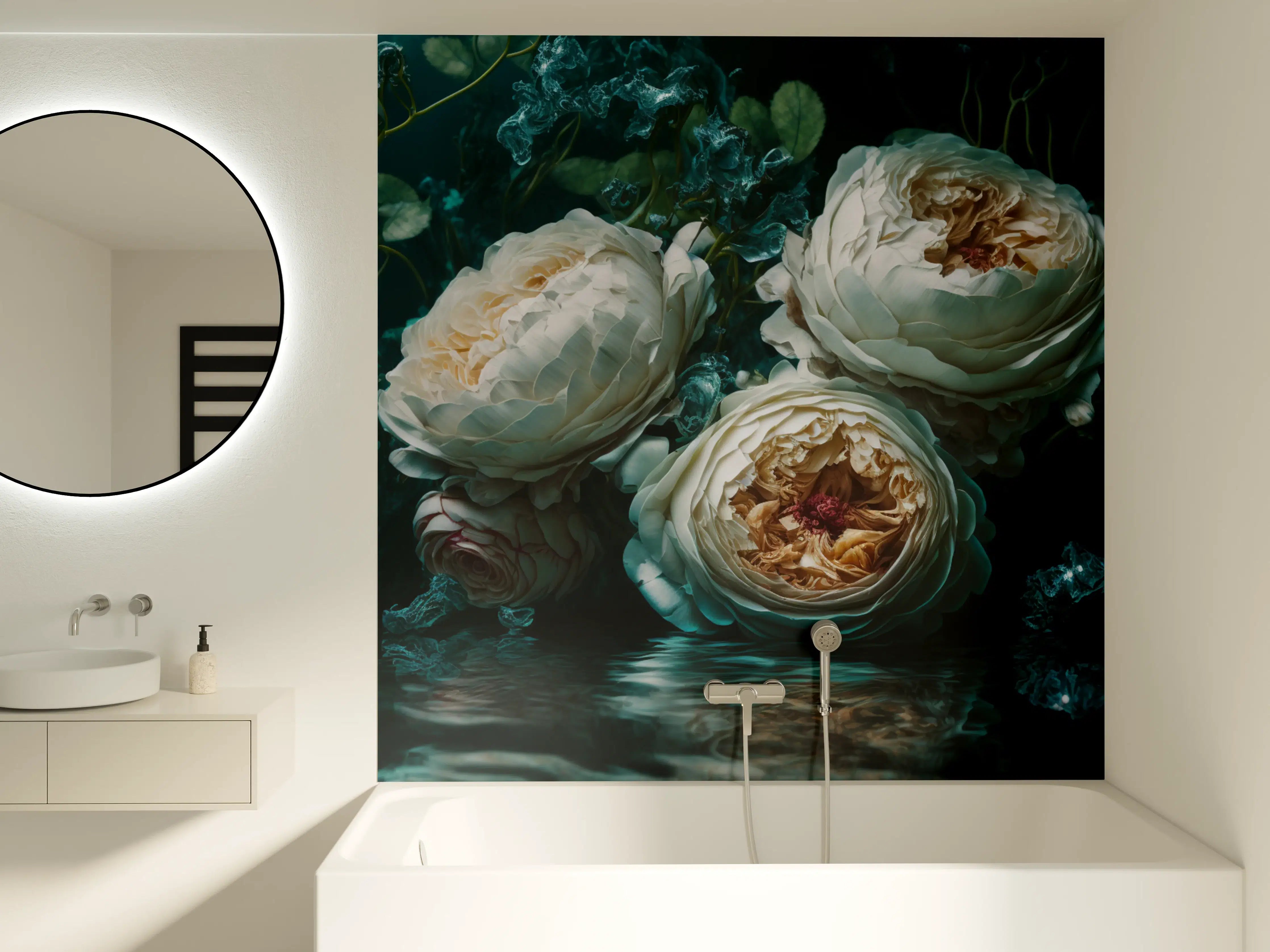 Badewannen-Rückwand - Elegante weiße Pfingstrosen in dunkler Atmosphäre