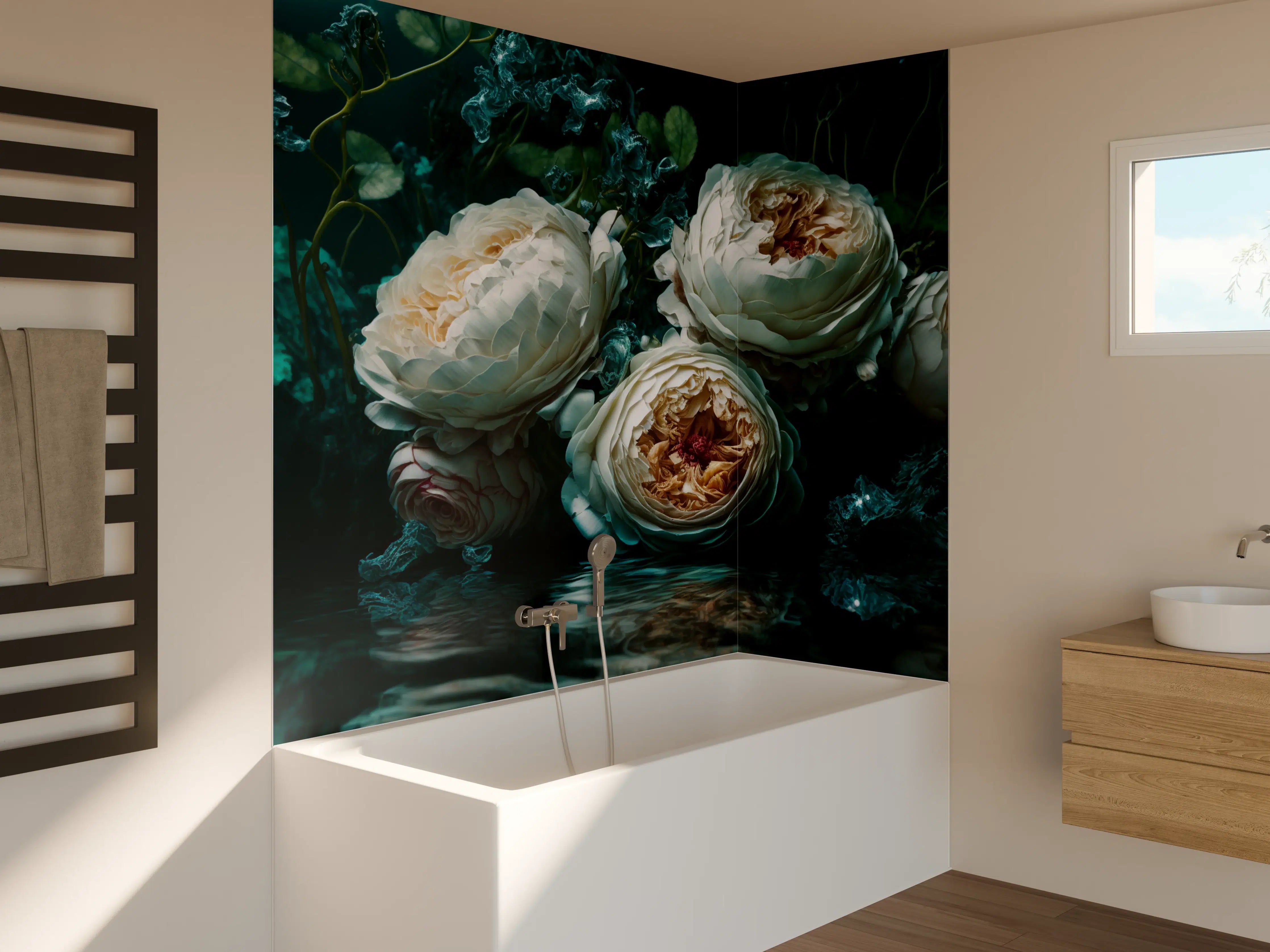 Badewannen-Rückwand - Elegante weiße Pfingstrosen in dunkler Atmosphäre