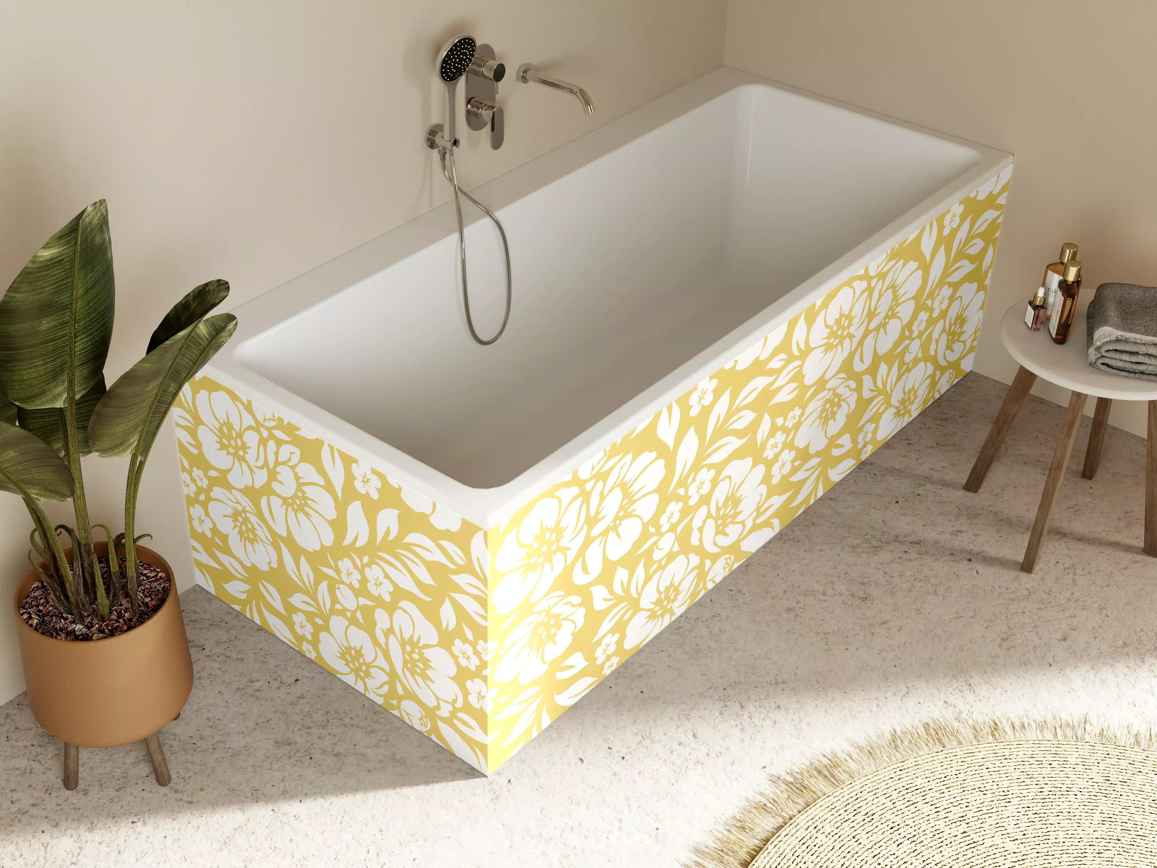 Badewannen-Rückwand - Eleganter Blumenmuster in Creme-Gold