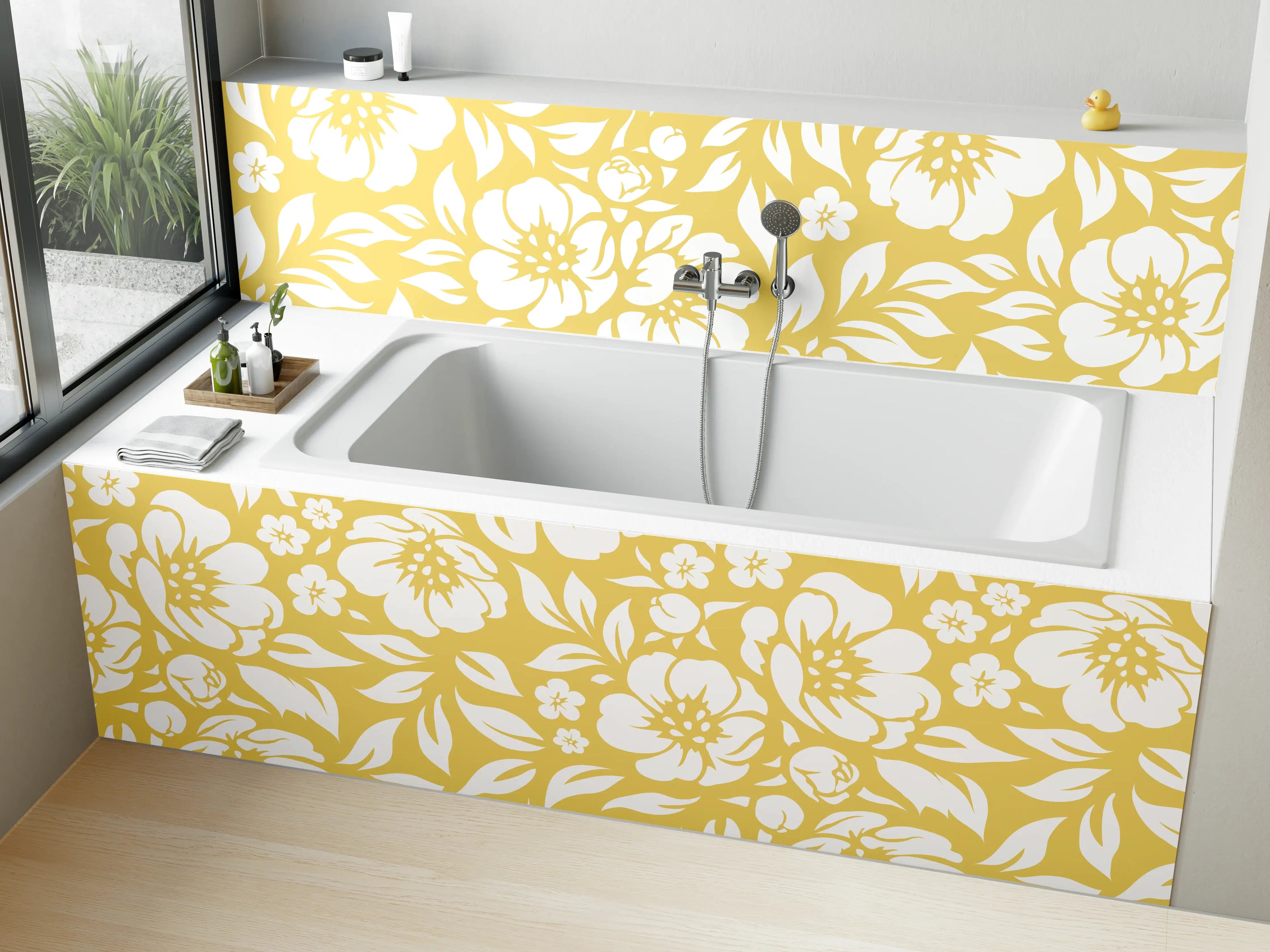 Badewannen-Rückwand - Eleganter Blumenmuster in Creme-Gold