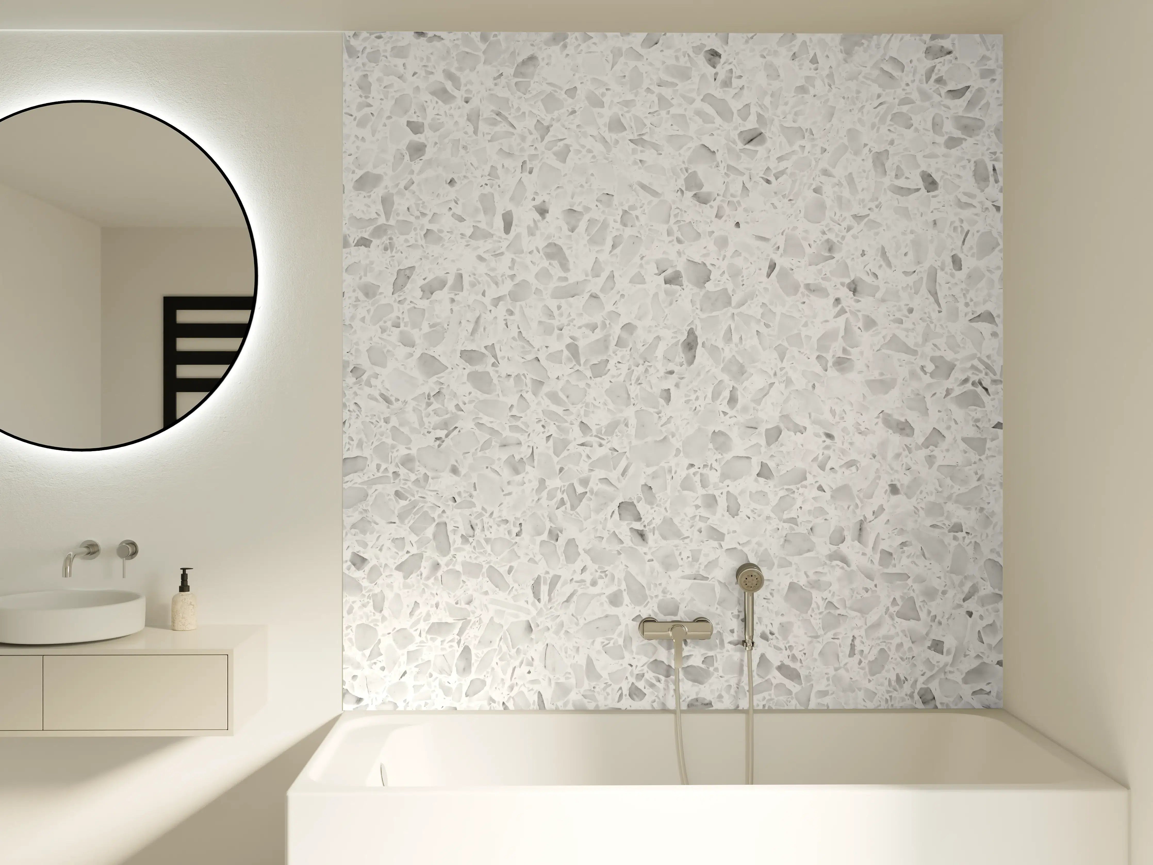 Badewannen-Rückwand - Eleganter Weiβ-Grau Terrazzo