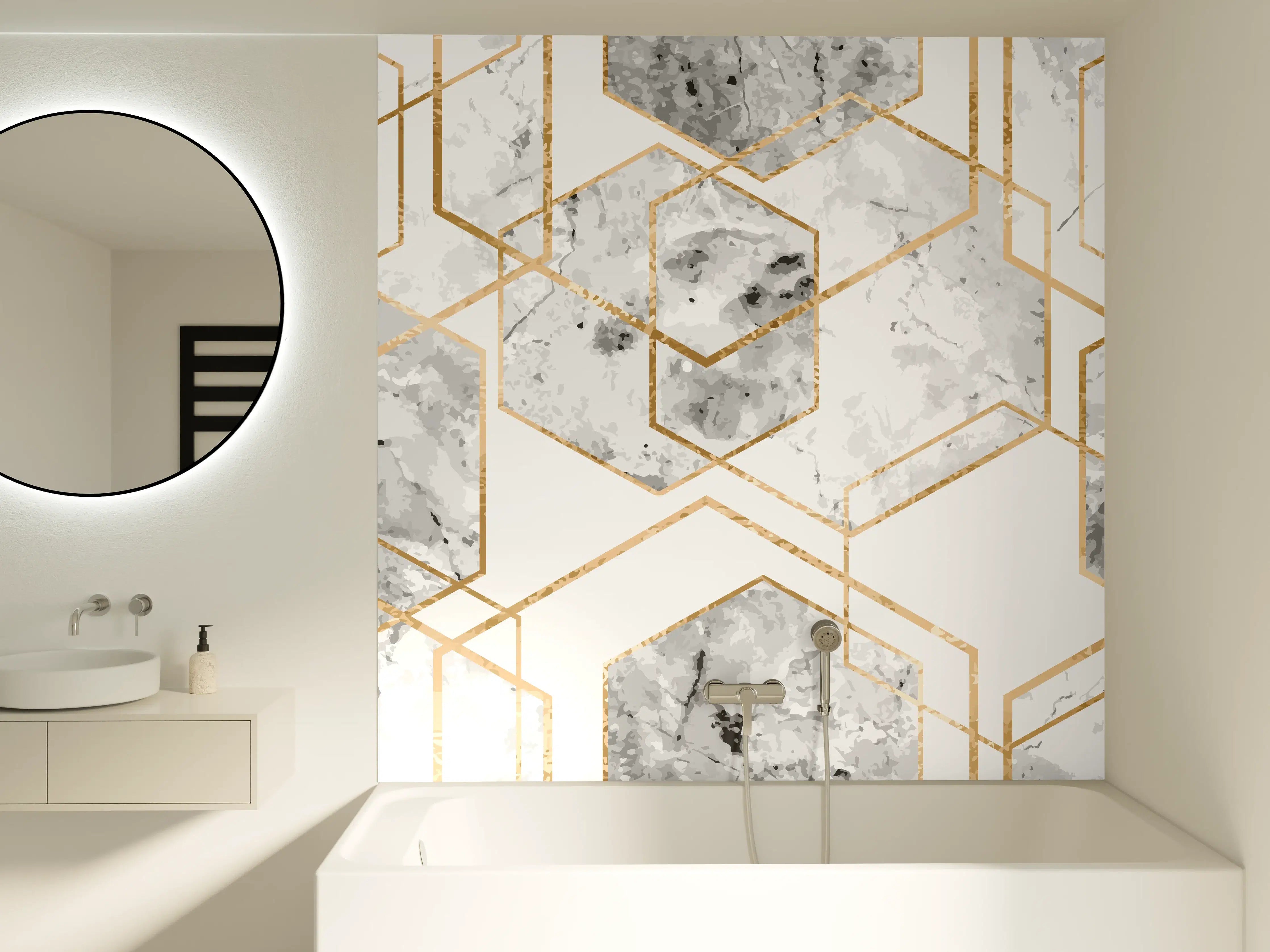Badewannen-Rückwand - Eleganter Weiß-Gold Marmor-Look