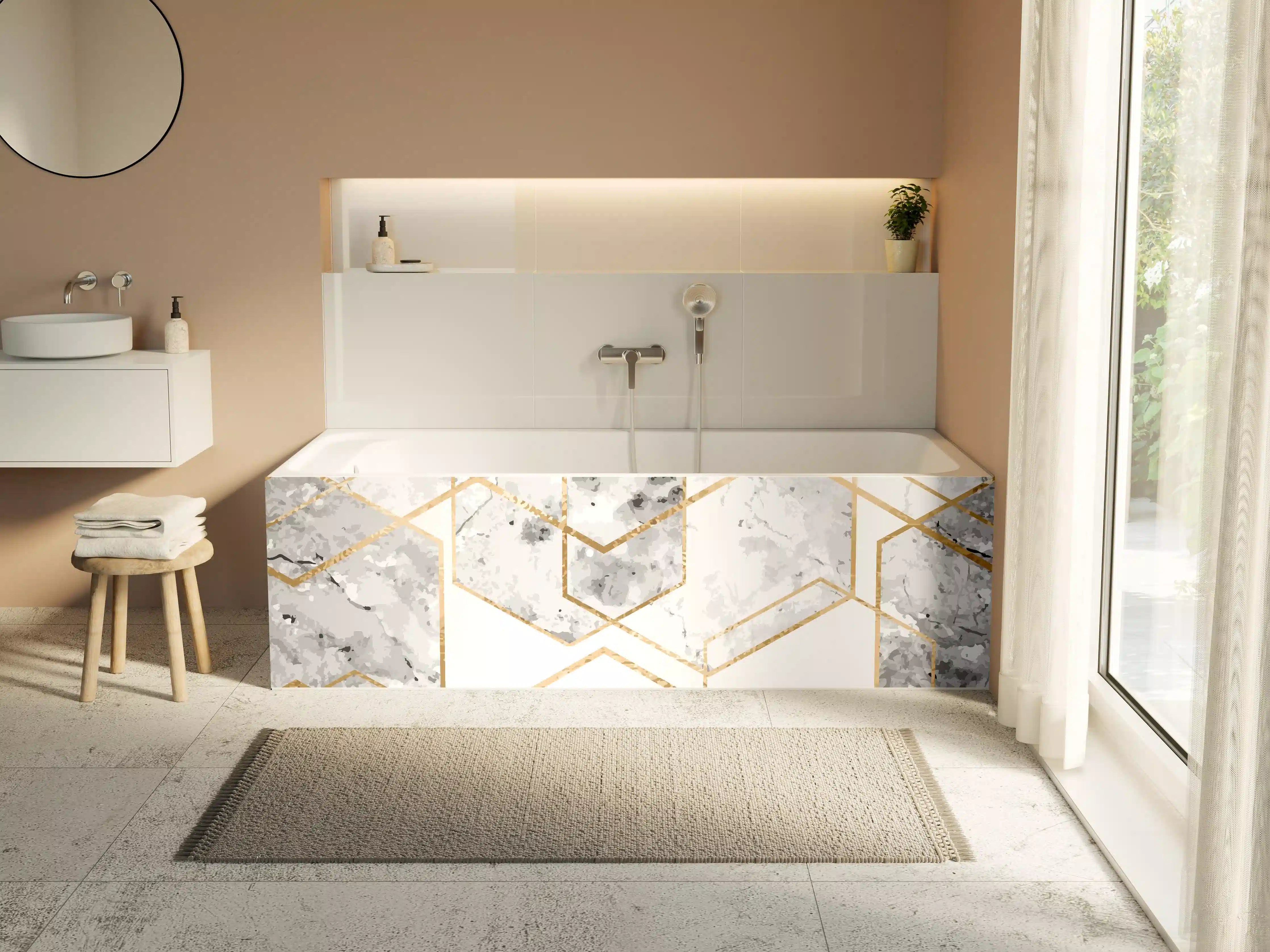 Badewannen-Rückwand - Eleganter Weiß-Gold Marmor-Look