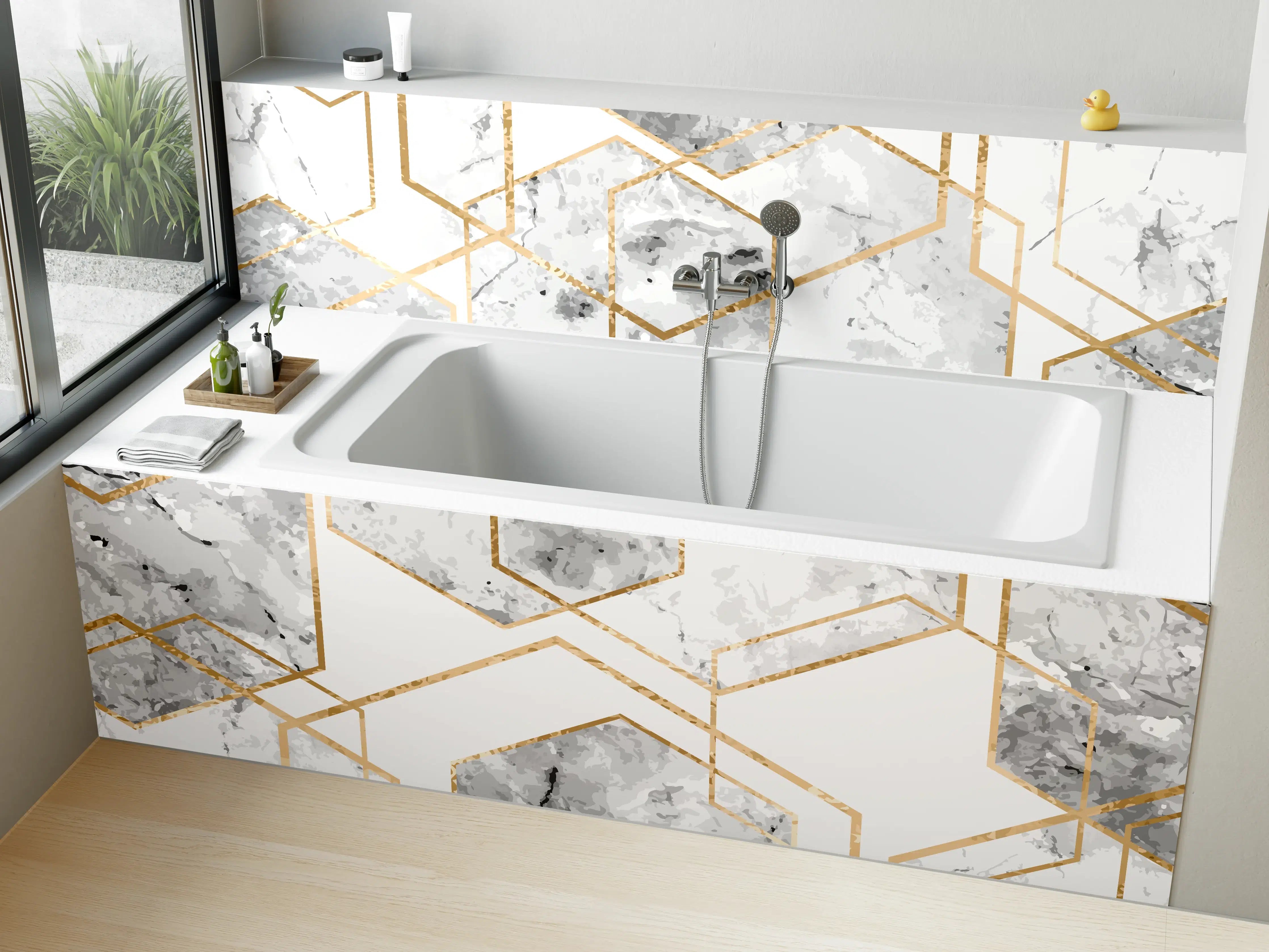 Badewannen-Rückwand - Eleganter Weiß-Gold Marmor-Look