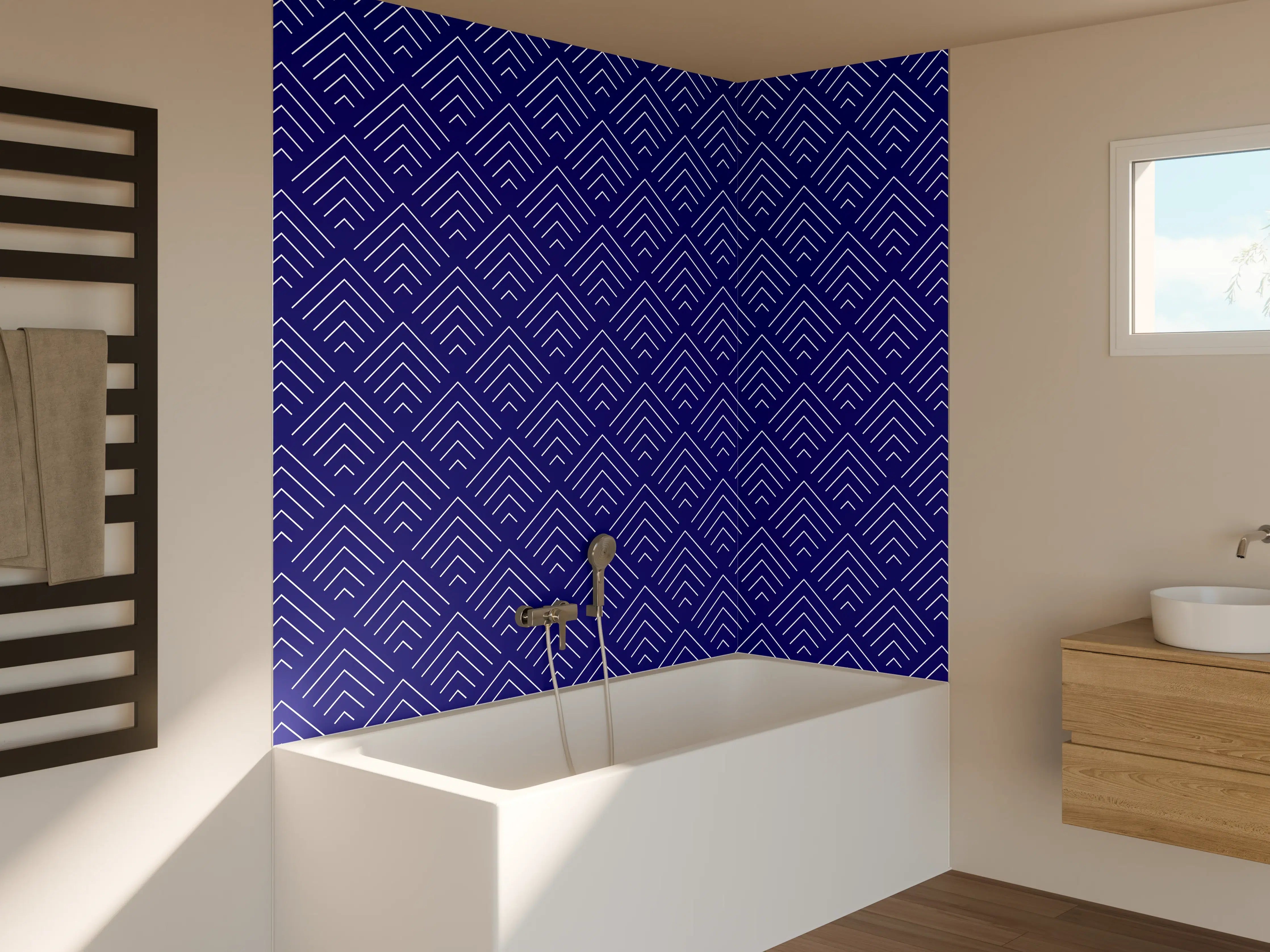 Badewannen-Rückwand - Elegantes Blau-Grau-Muster mit geometrischen Linien