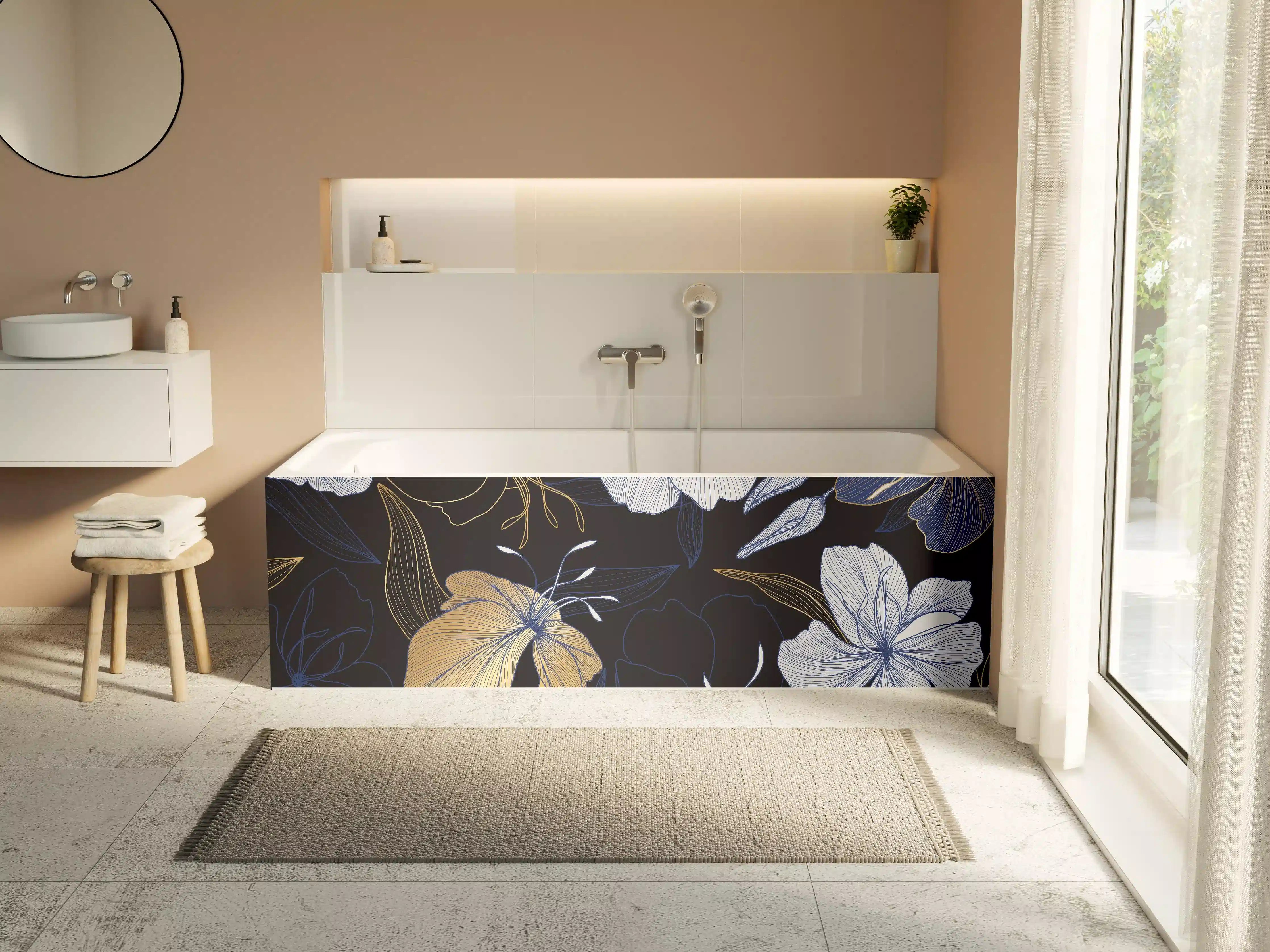 Badewannen-Rückwand - Elegantes Blumen-Muster Dunkelblau