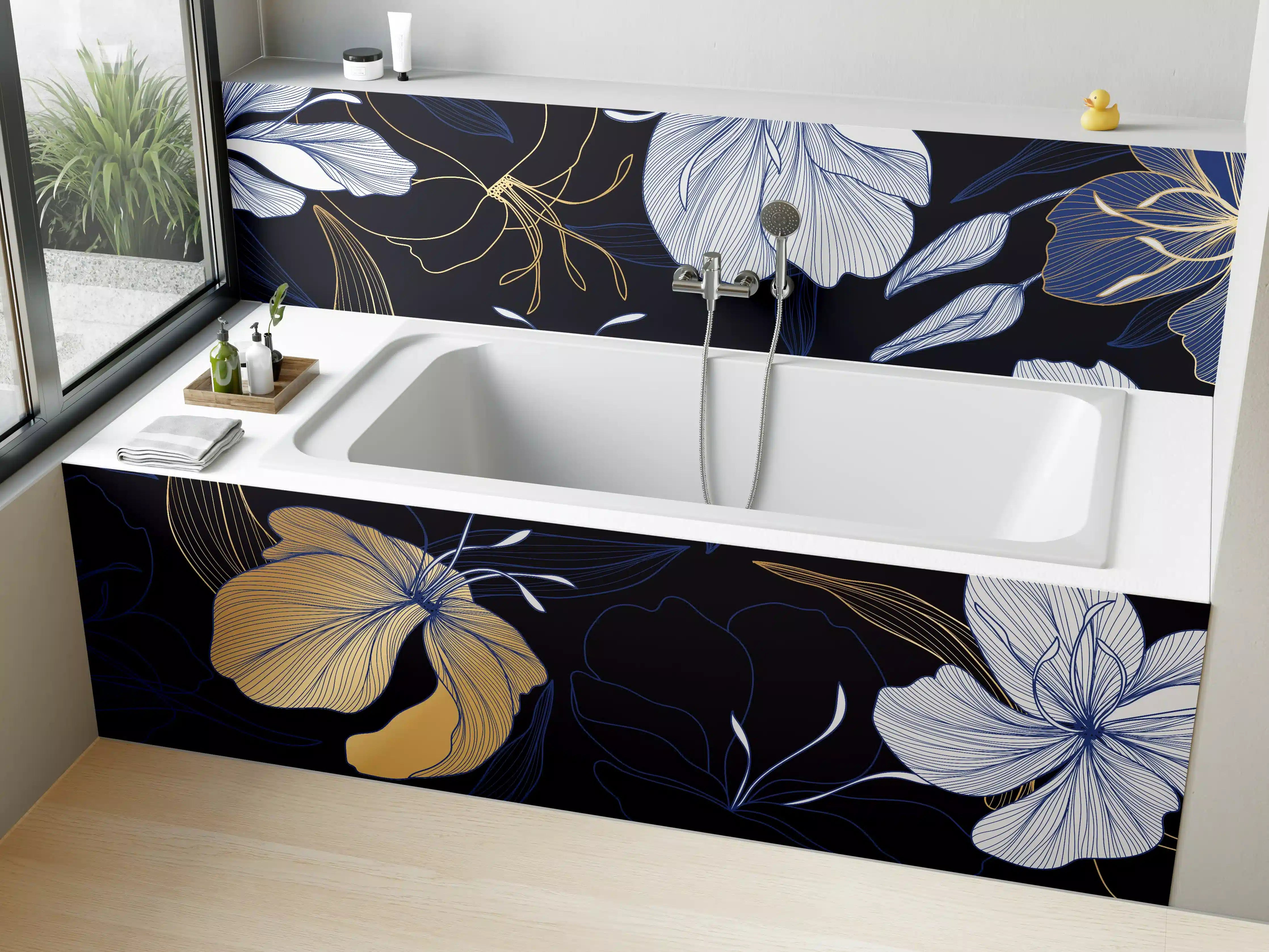 Badewannen-Rückwand - Elegantes Blumen-Muster Dunkelblau