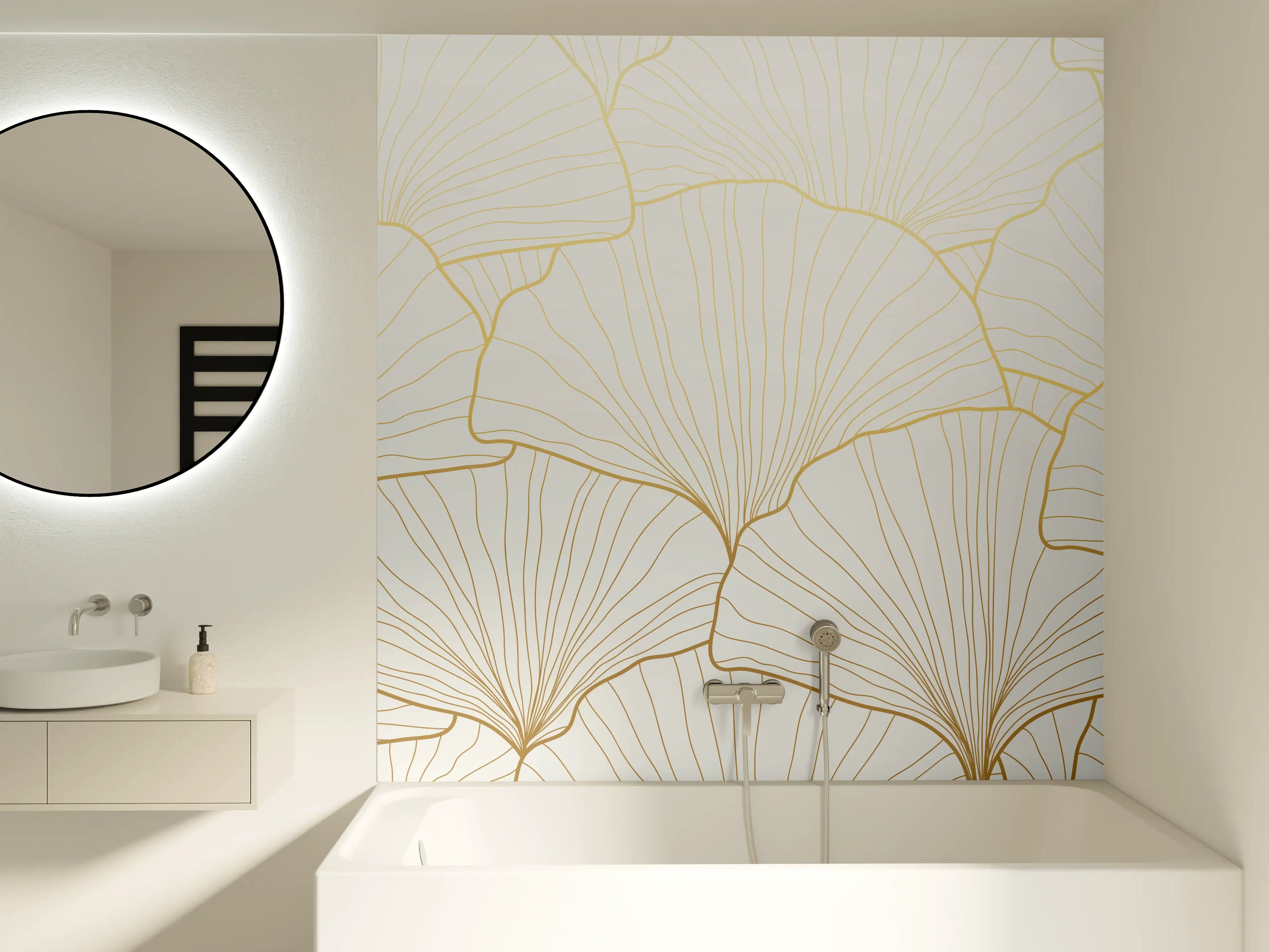 Badewannen-Rückwand - Elegantes Ginkgo-Blatt Design Weiß-Gold