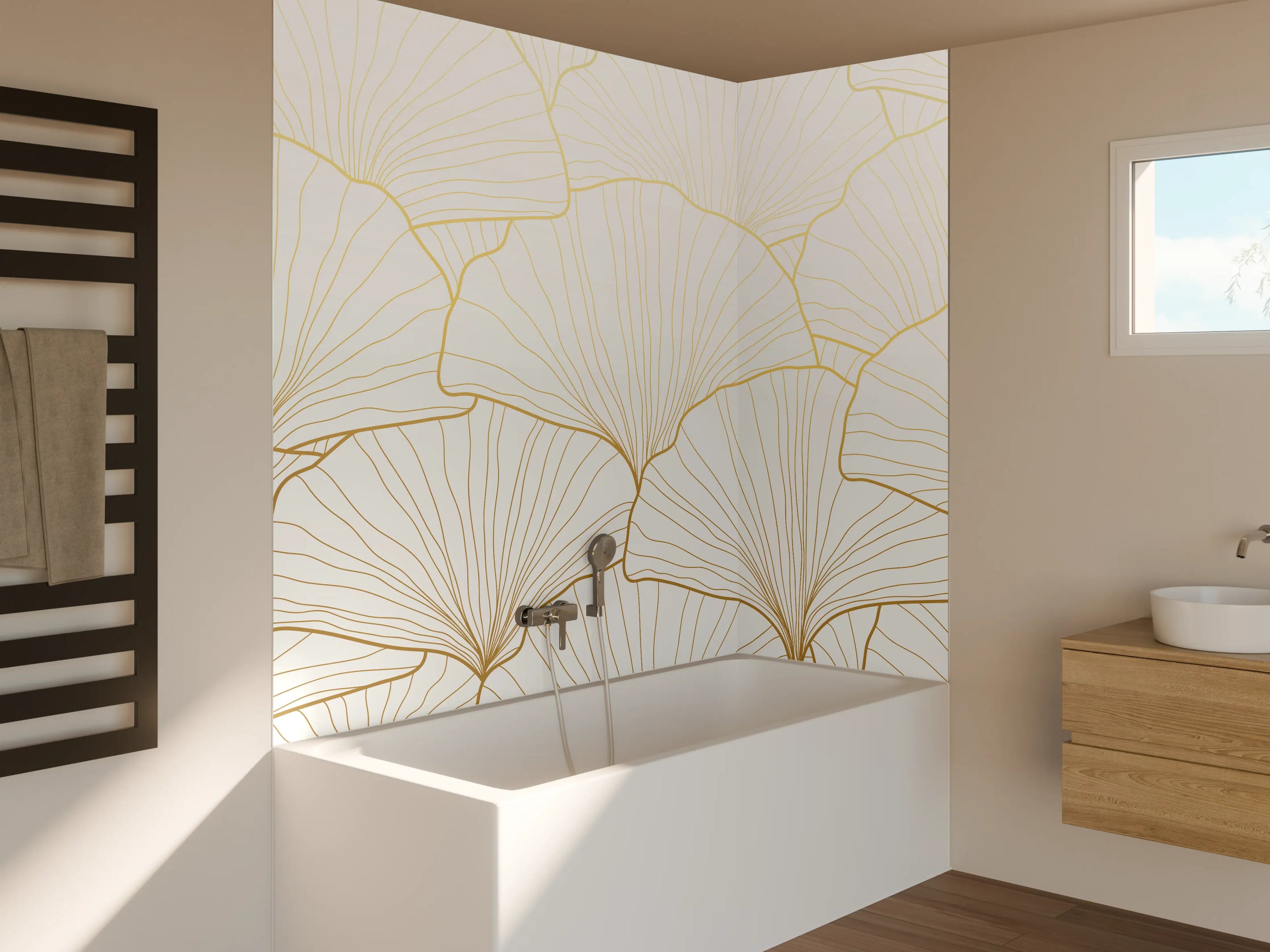 Badewannen-Rückwand - Elegantes Ginkgo-Blatt Design Weiß-Gold
