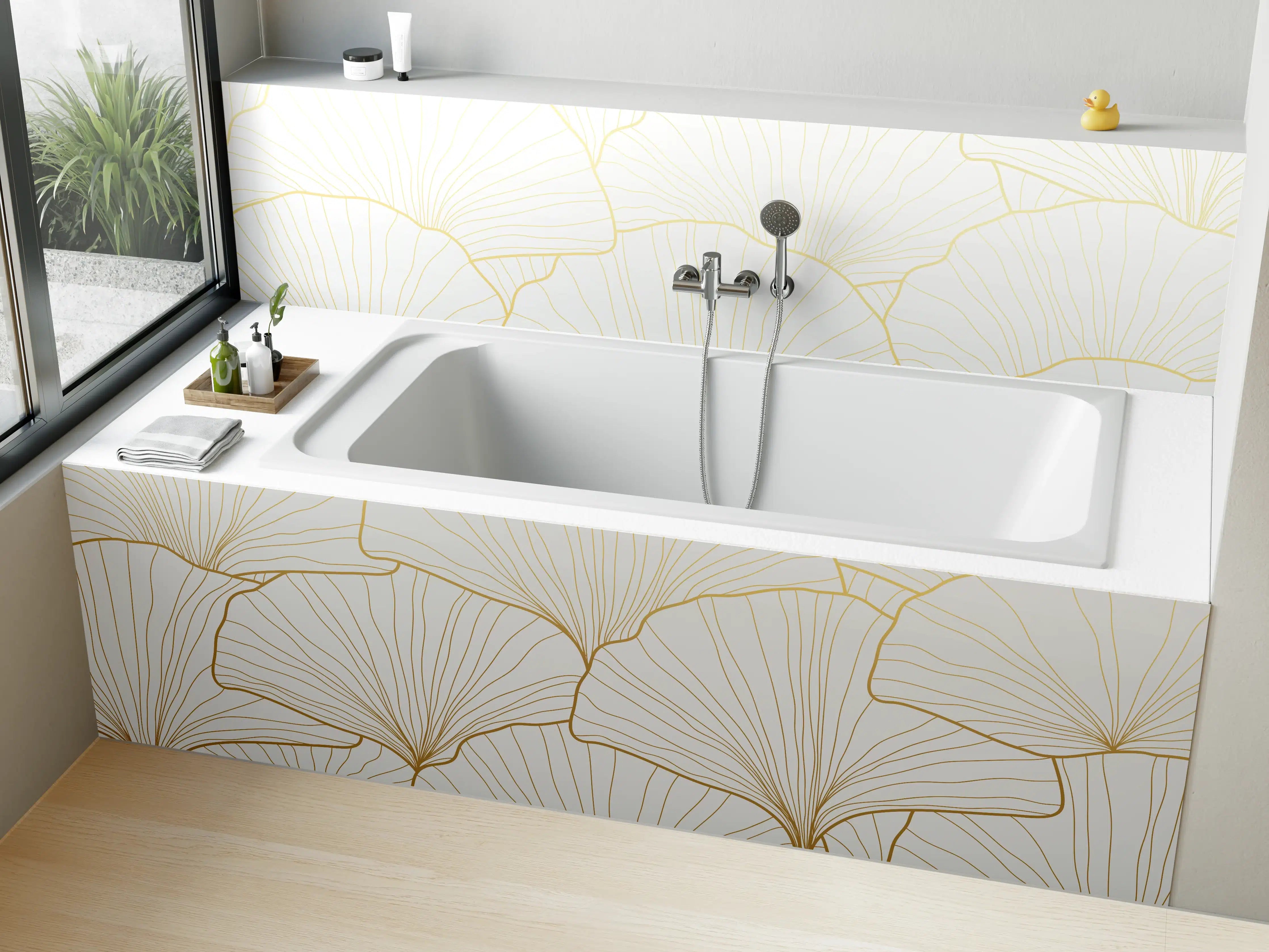 Badewannen-Rückwand - Elegantes Ginkgo-Blatt Design Weiß-Gold