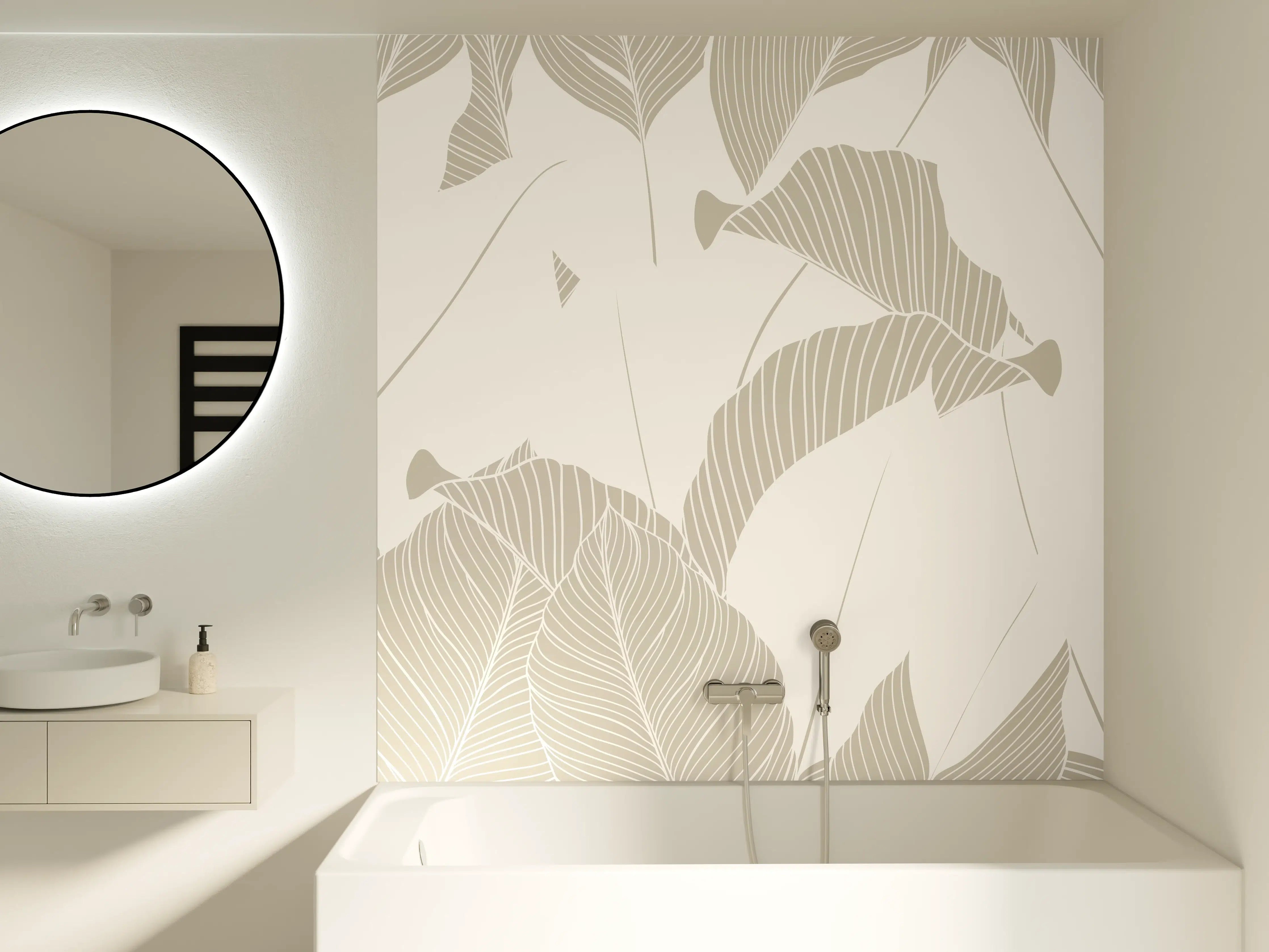 Badewannen-Rückwand - Elegantes Grau-Weiß Blattmuster