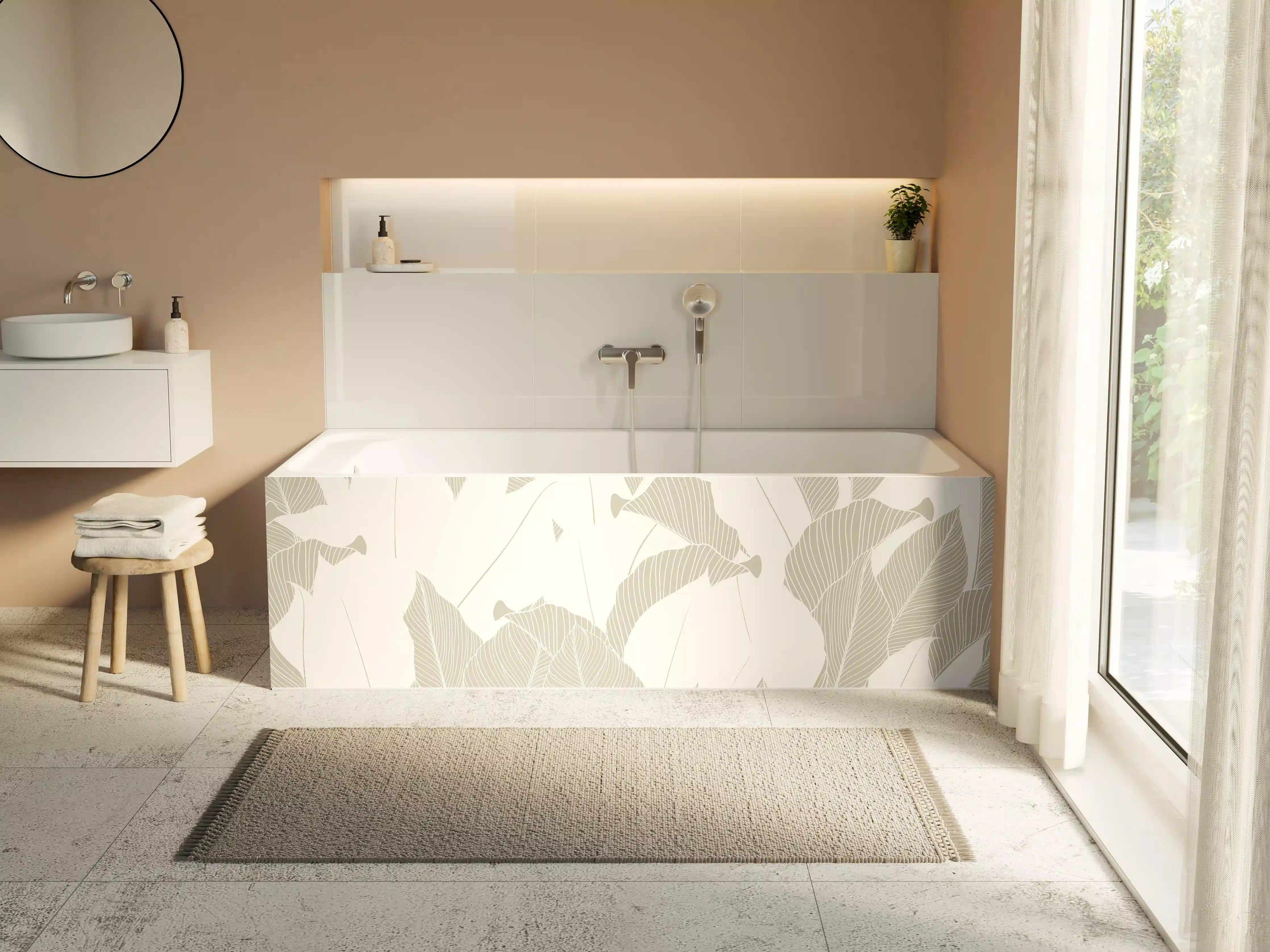 Badewannen-Rückwand - Elegantes Grau-Weiß Blattmuster