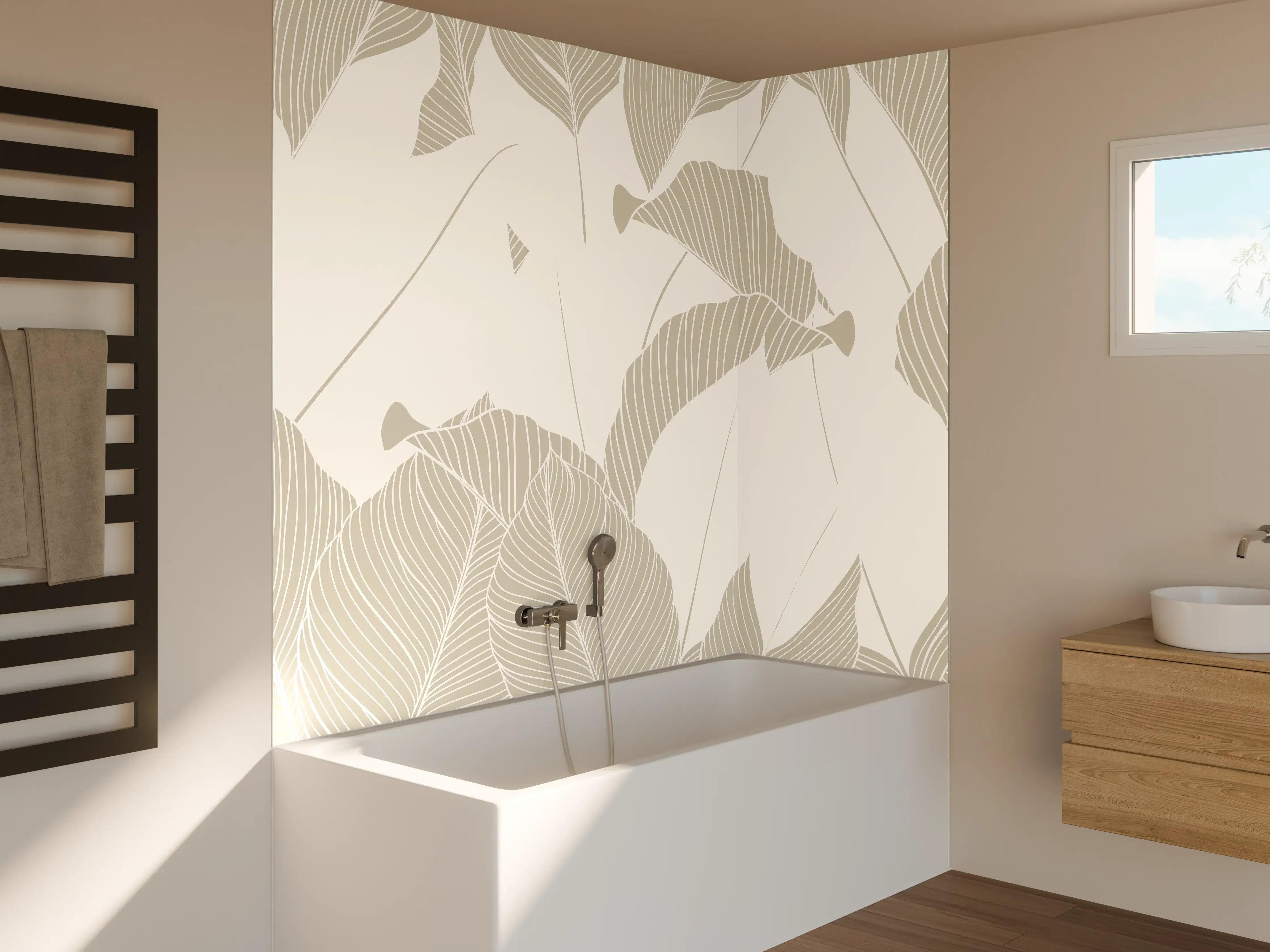 Badewannen-Rückwand - Elegantes Grau-Weiß Blattmuster