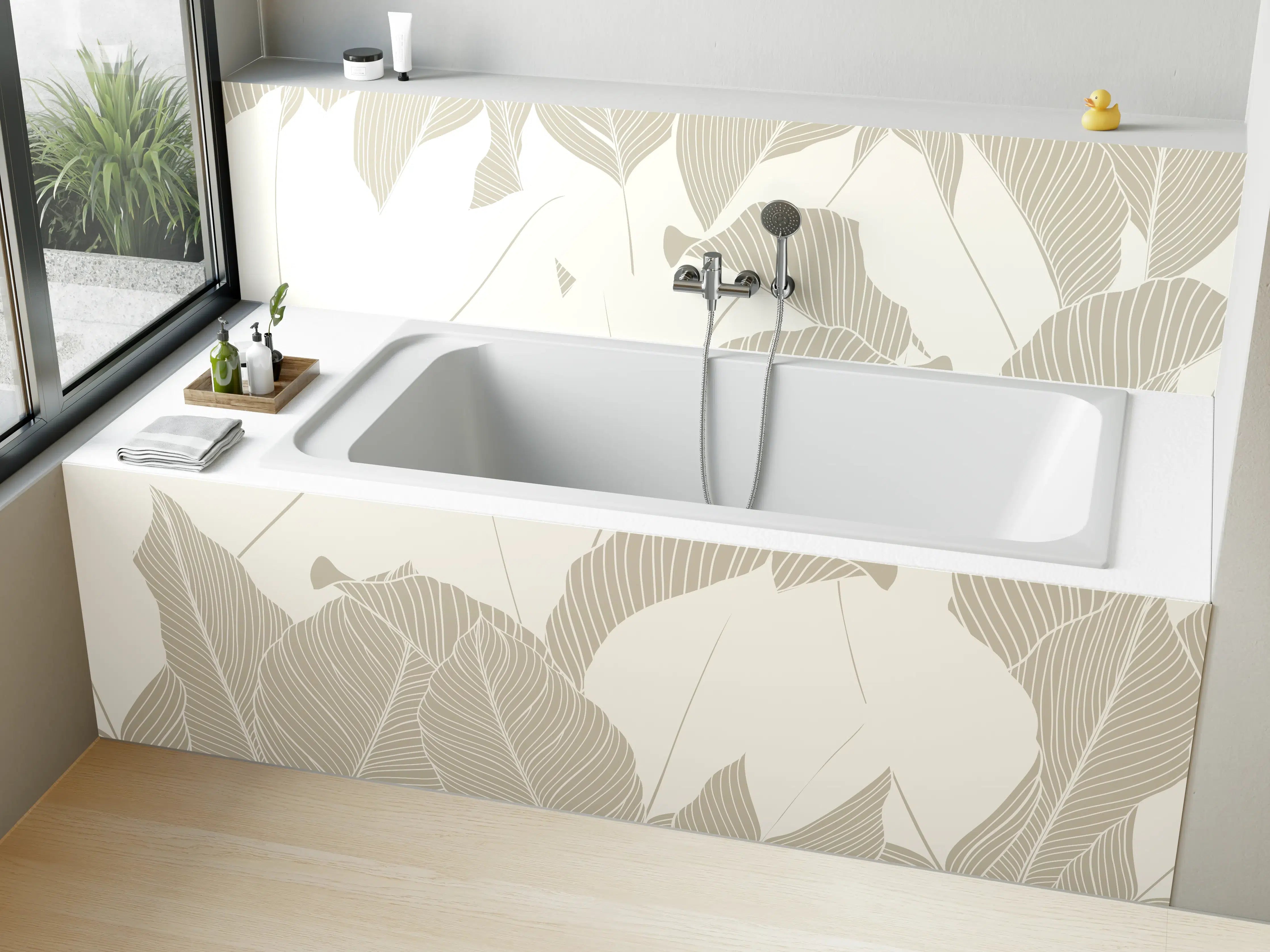 Badewannen-Rückwand - Elegantes Grau-Weiß Blattmuster