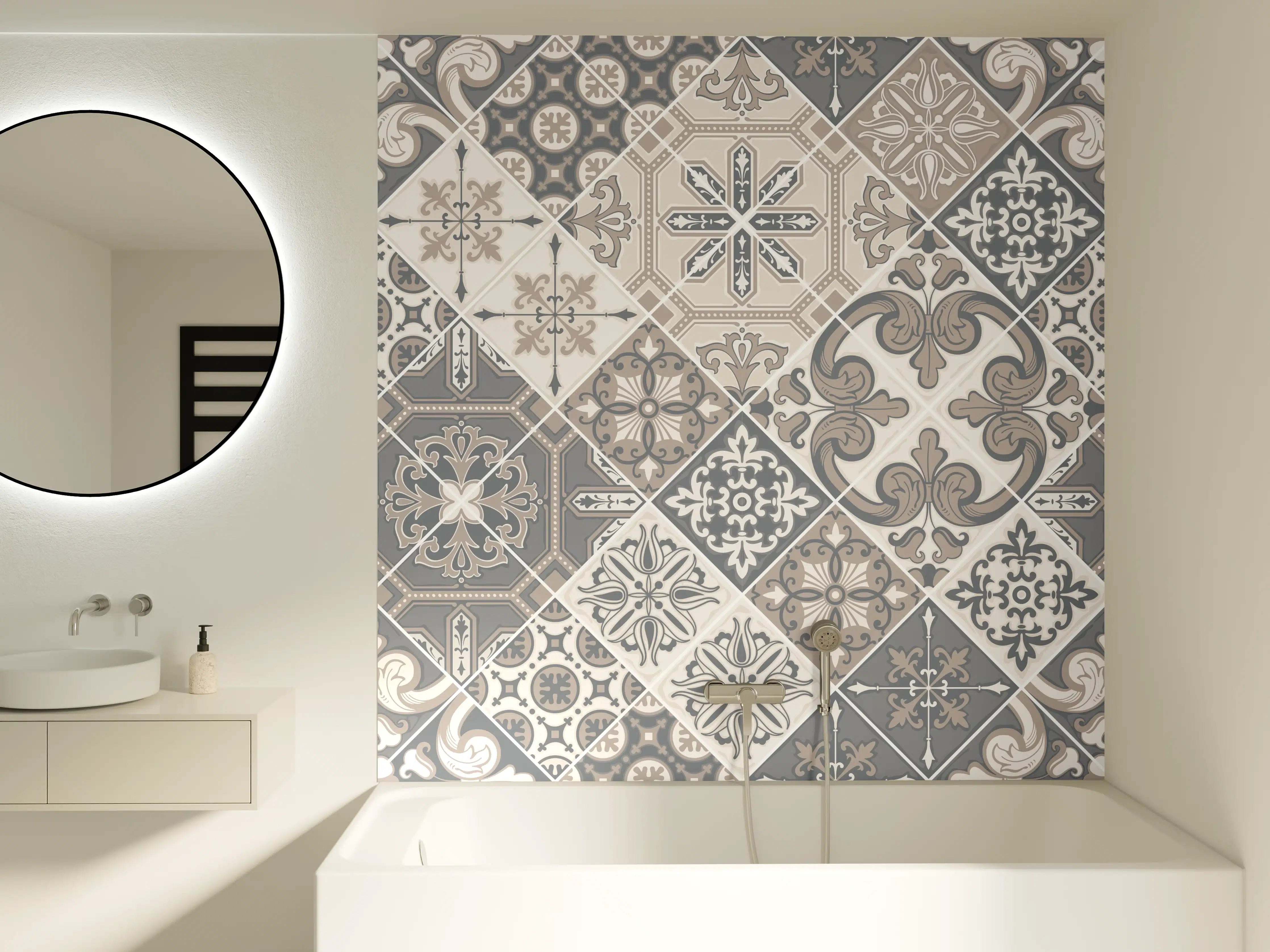 Badewannen-Rückwand - Elegantes Grau-Weiß Mosaikmuster