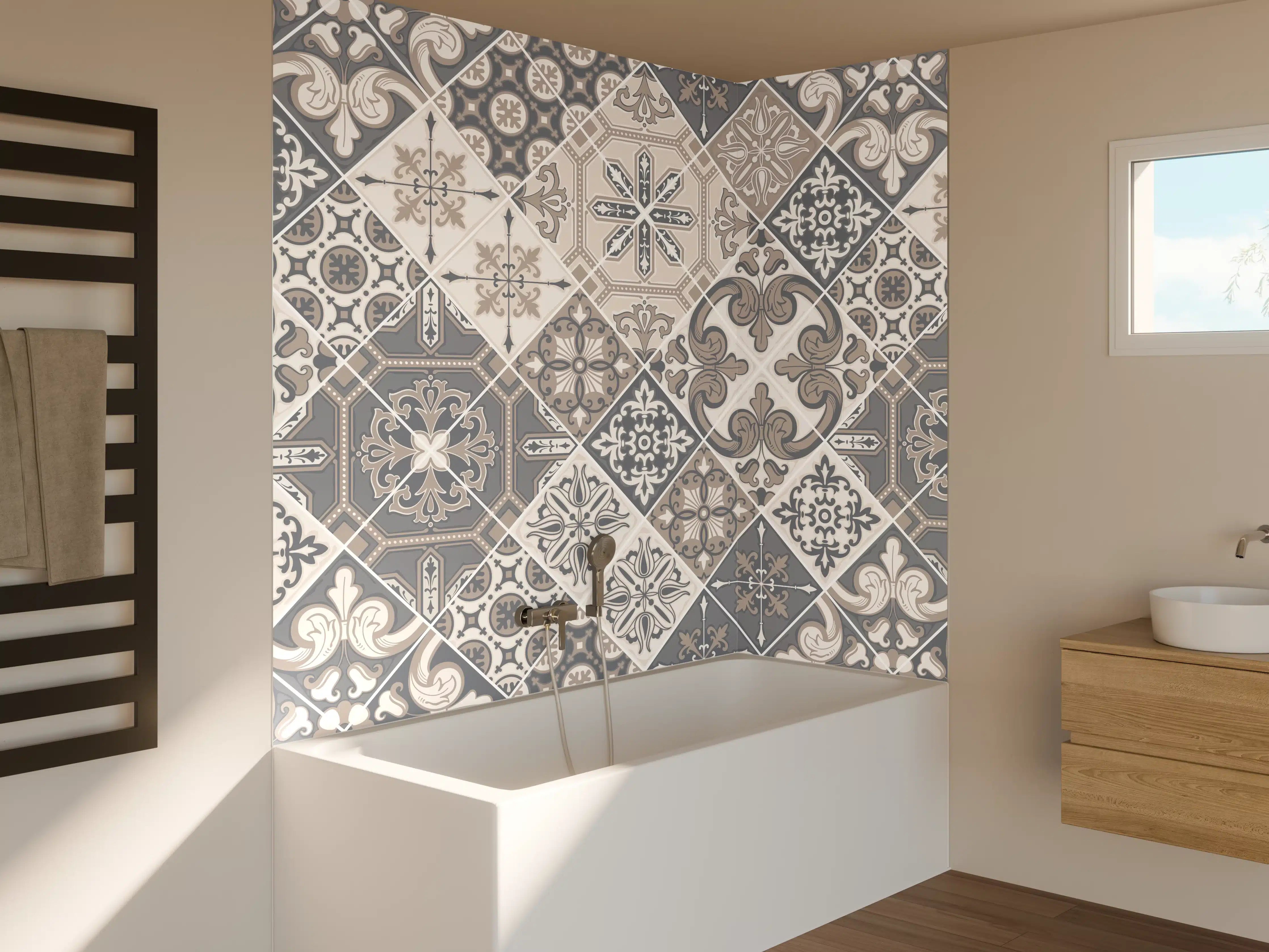Badewannen-Rückwand - Elegantes Grau-Weiß Mosaikmuster