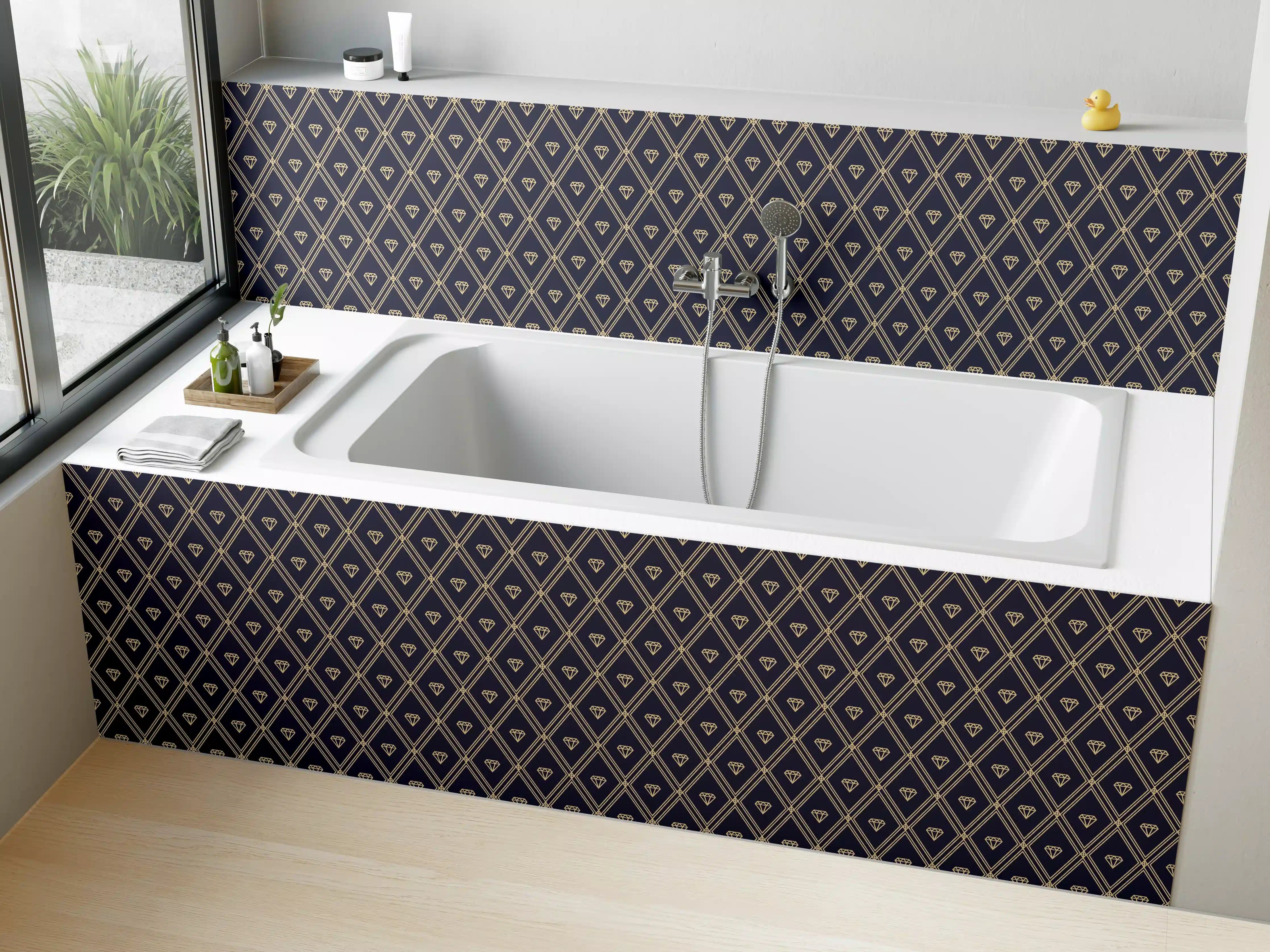 Badewannen-Rückwand - Elegantes Rauten-Muster Dunkelblau