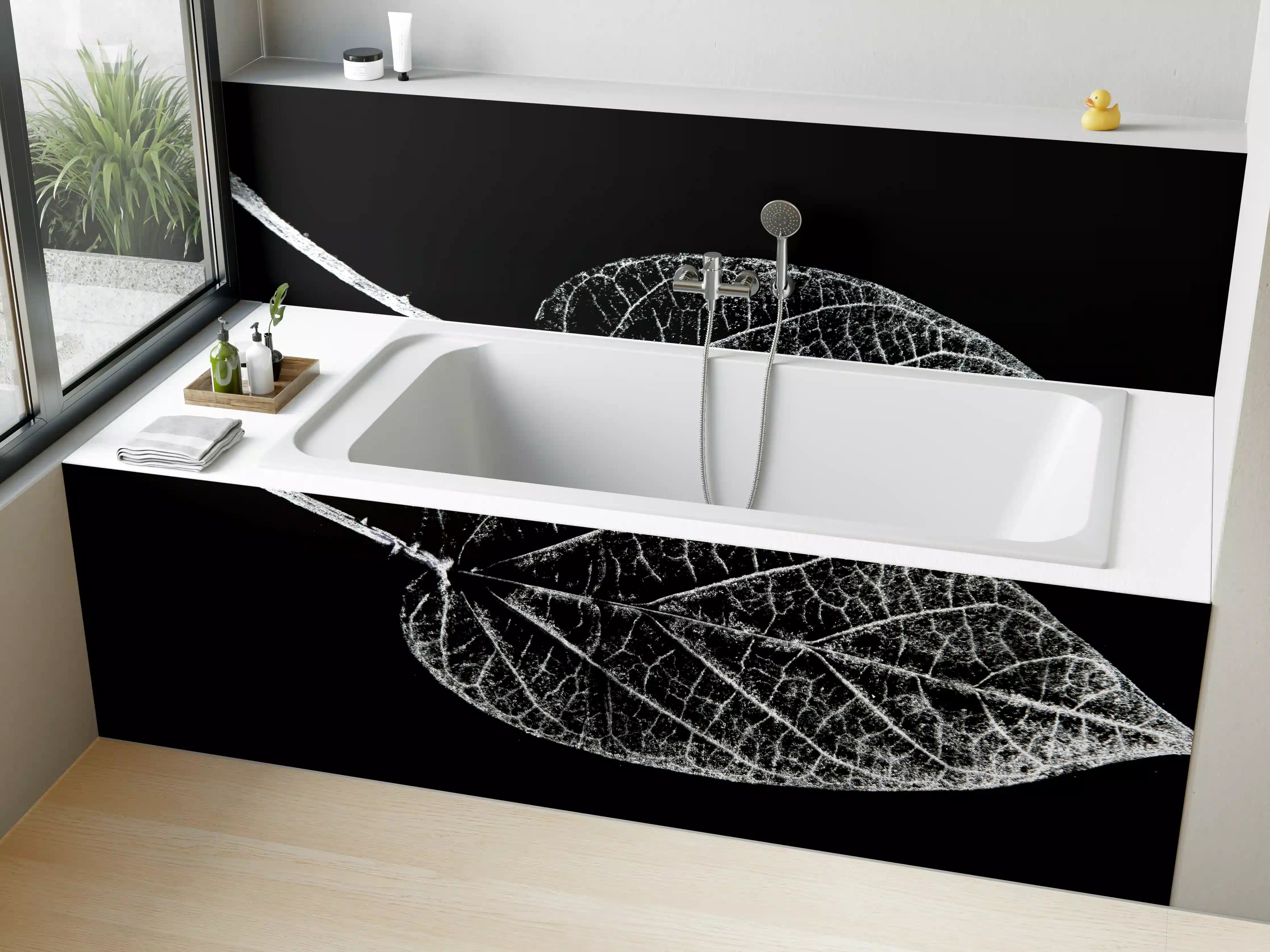 Badewannen-Rückwand - Elegantes Schwarz-Weiß Laubblatt