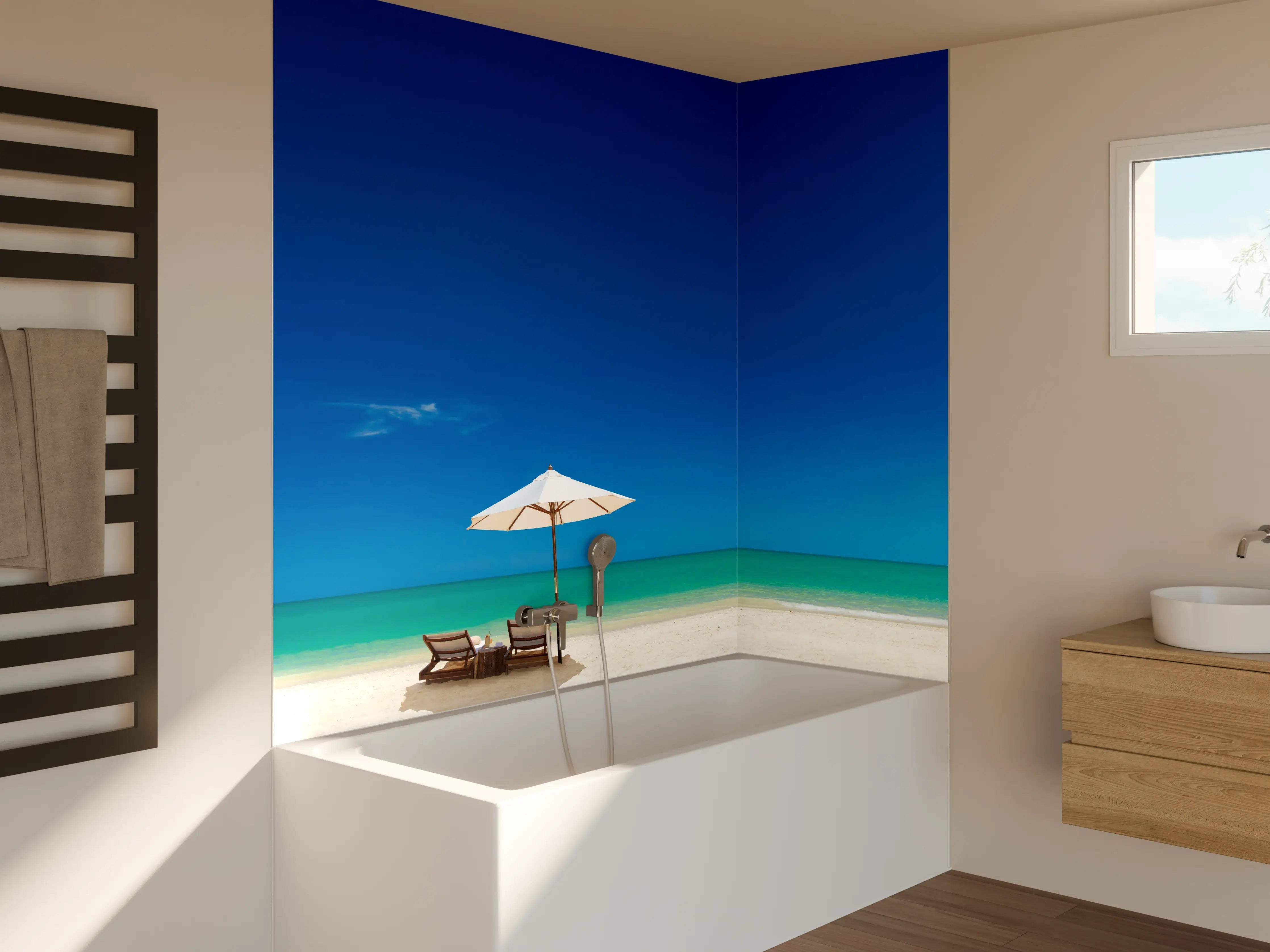 Badewannen-Rückwand - Entspannender Strand mit Sonnenschirm