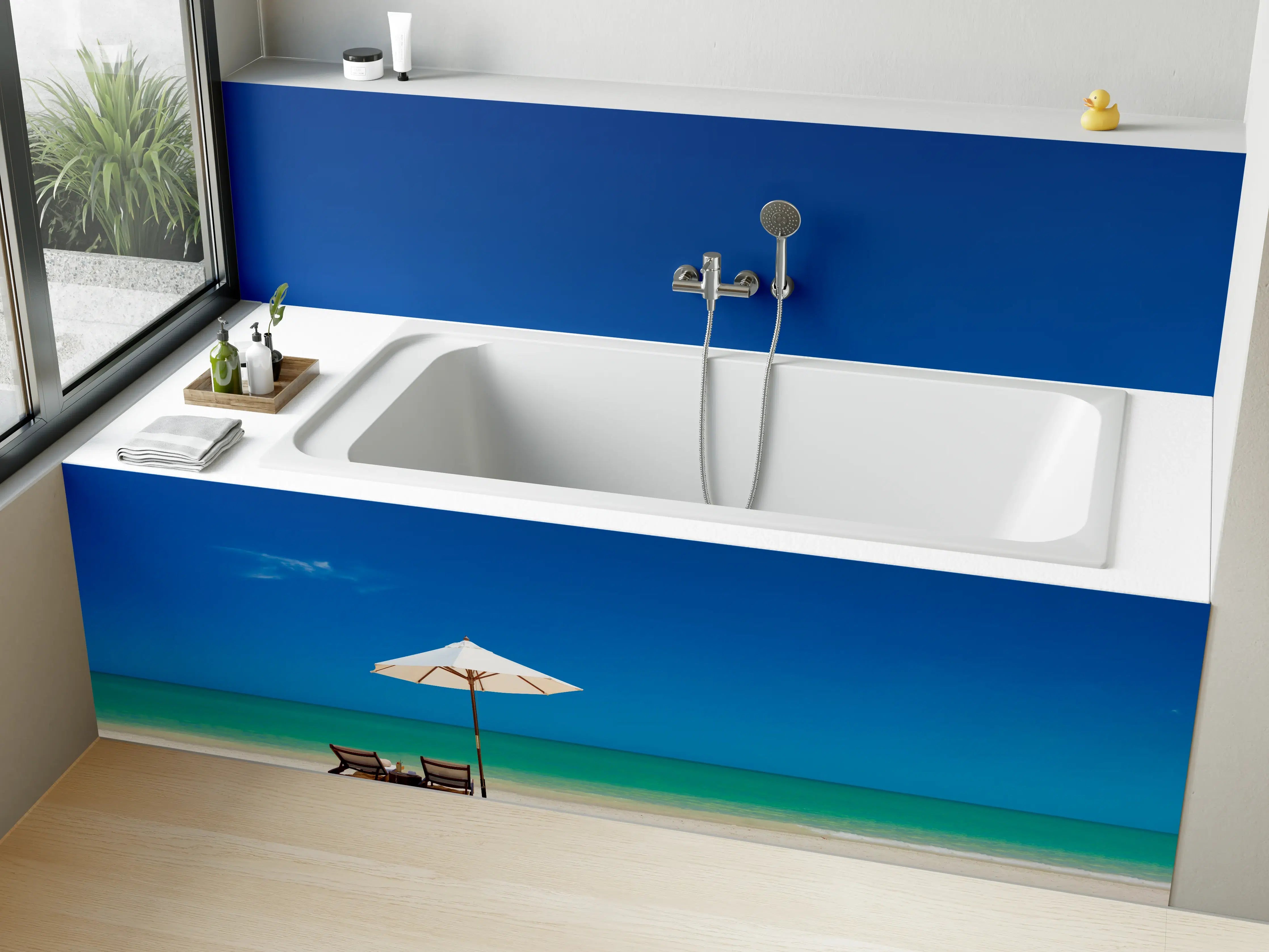 Badewannen-Rückwand - Entspannender Strand mit Sonnenschirm