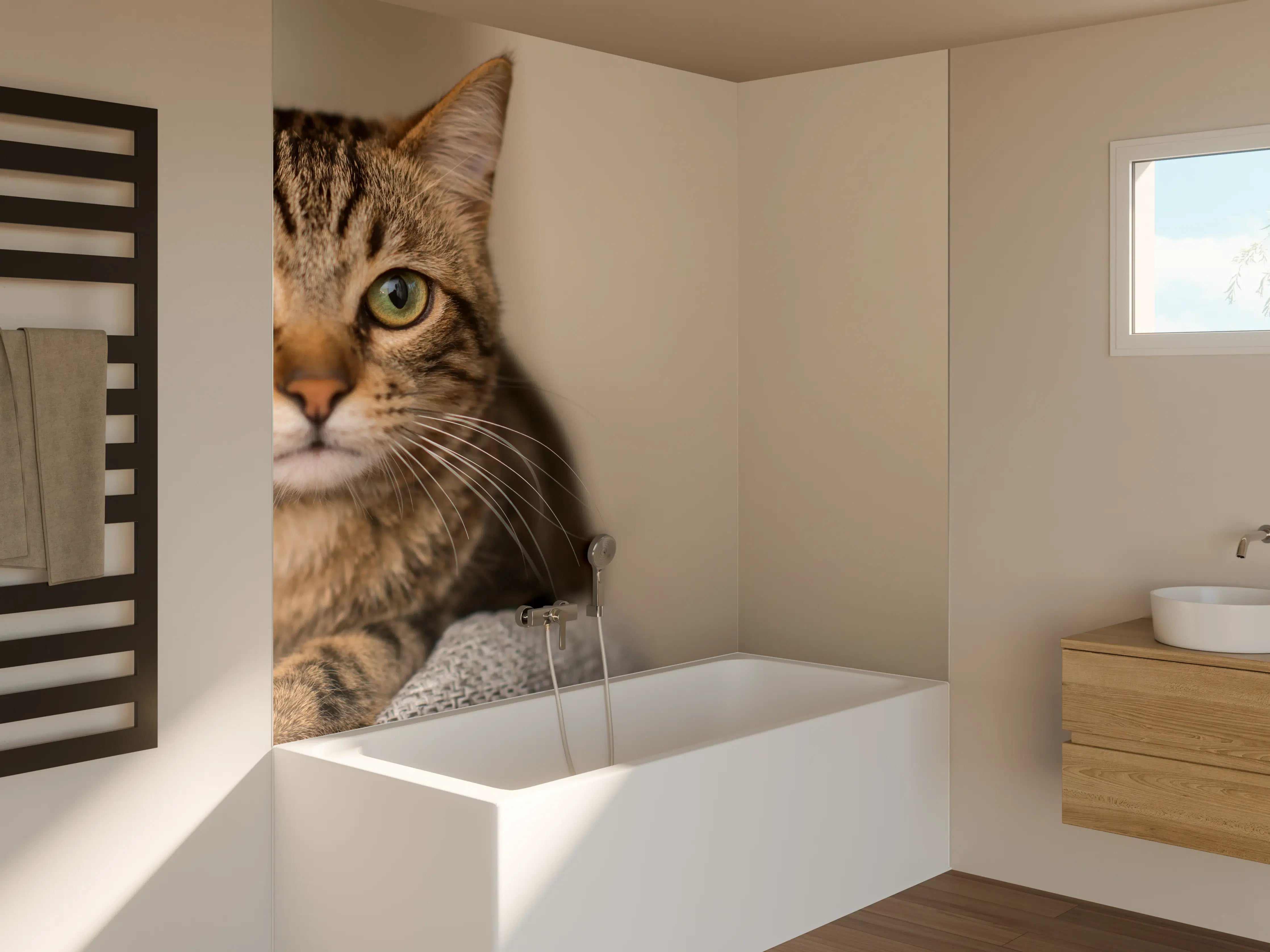 Badewannen-Rückwand - Entspannte Hauskatze in Beige-Braun