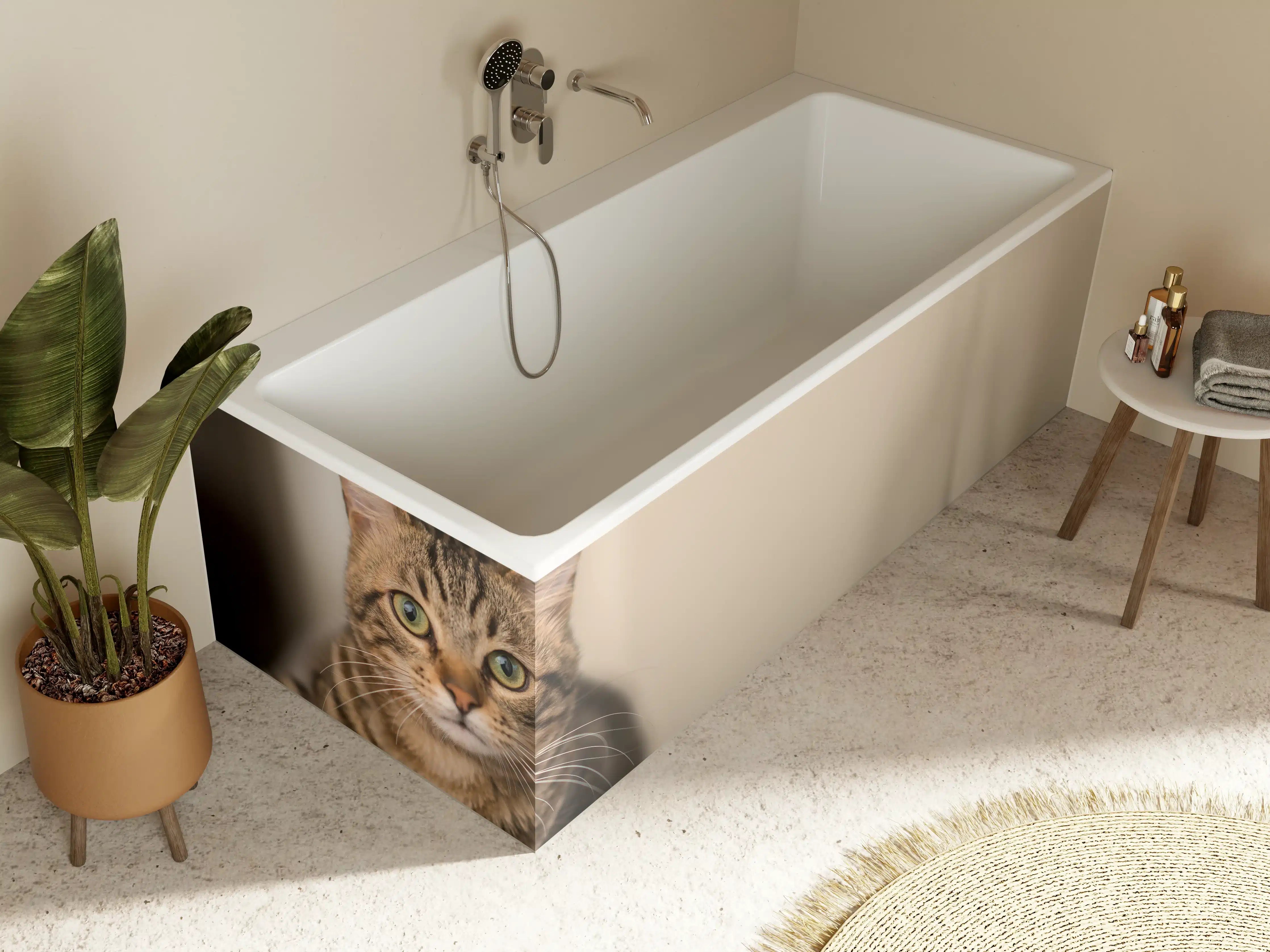 Badewannen-Rückwand - Entspannte Hauskatze in Beige-Braun