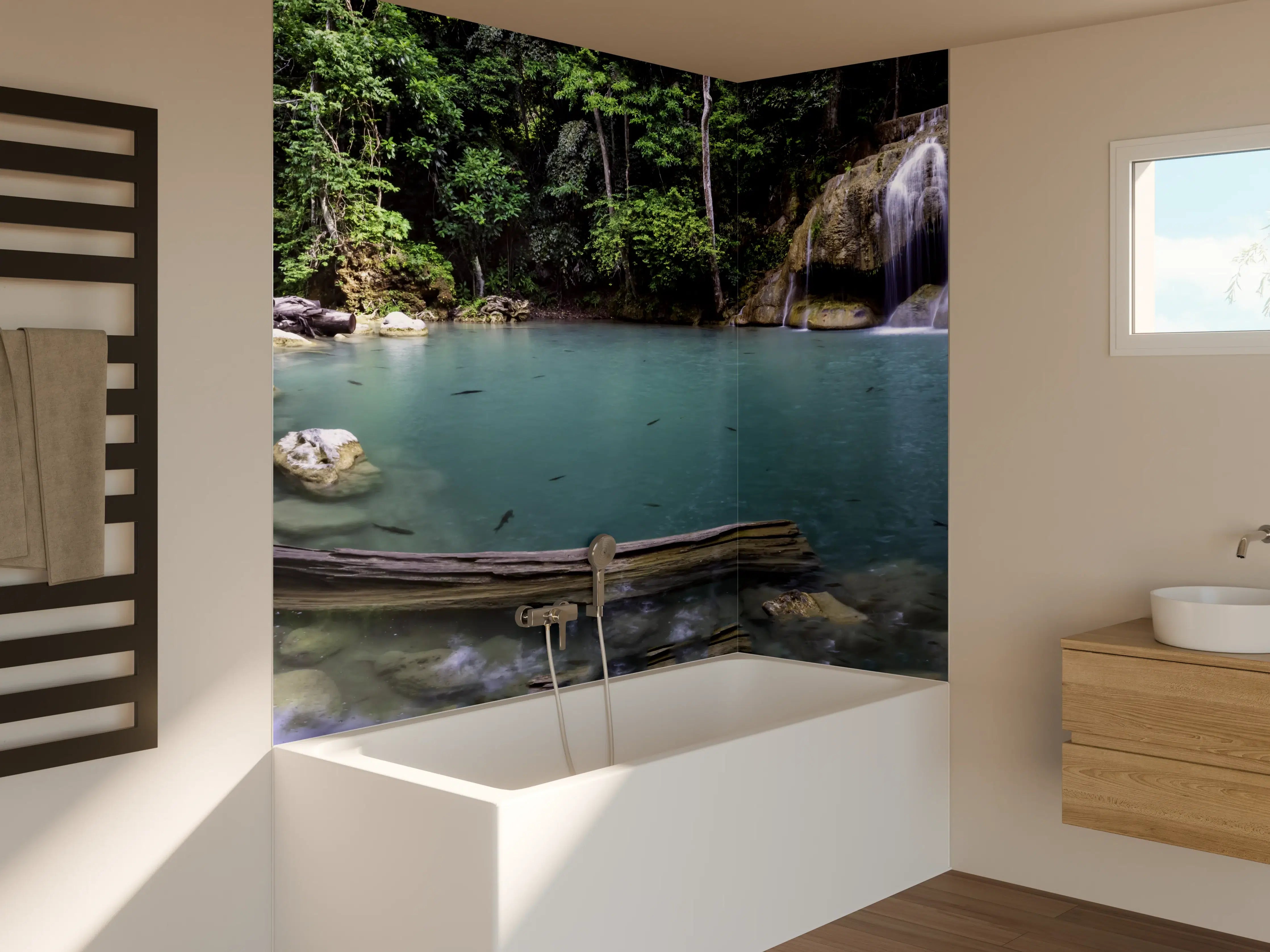 Badewannen-Rückwand - Erawan-Wasserfall im tropischen Dschungel Surrou
