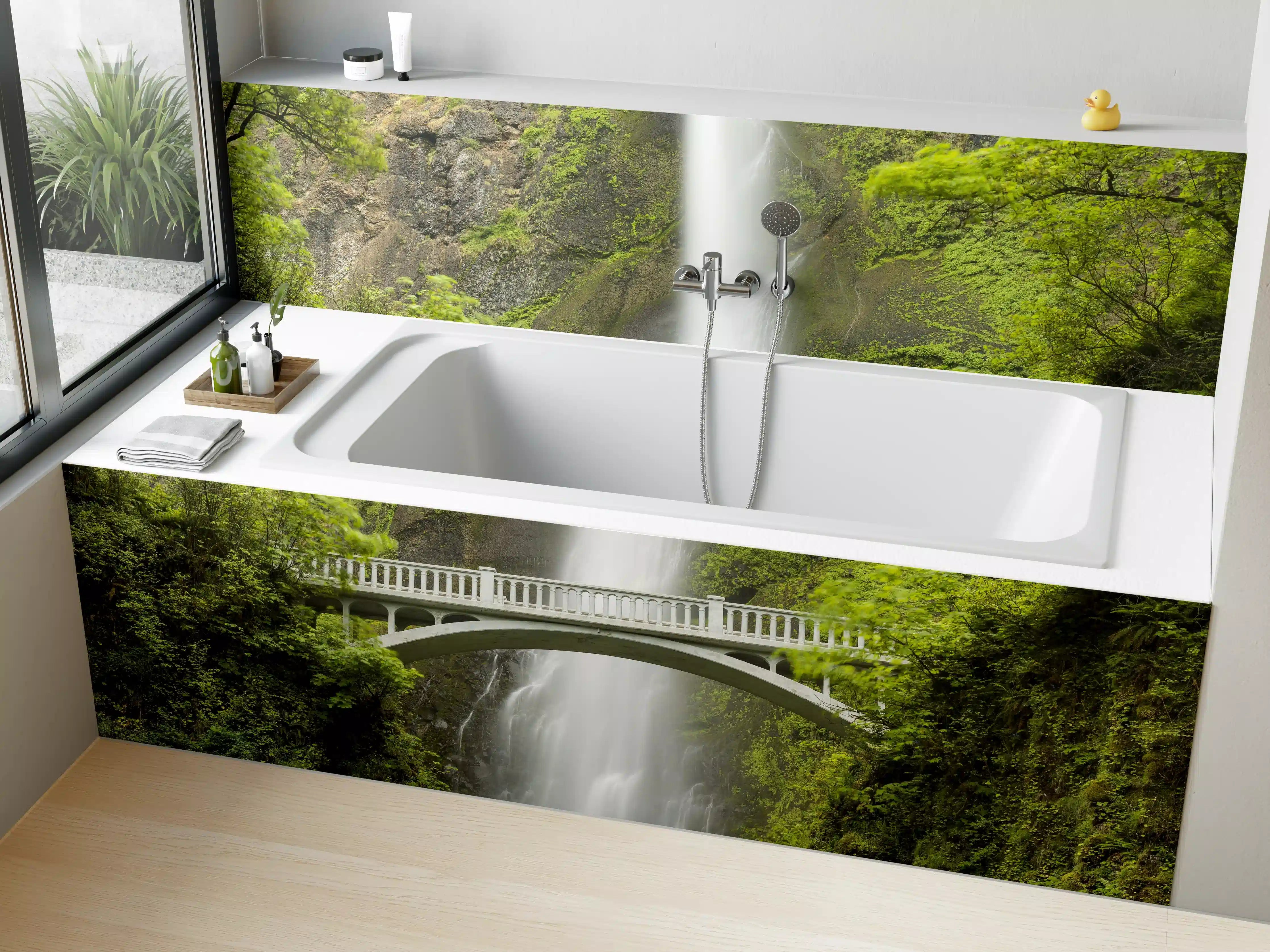 Badewannen-Rückwand - Erhabene grüne Wasserfall Landschaft mit sanften Grautönen