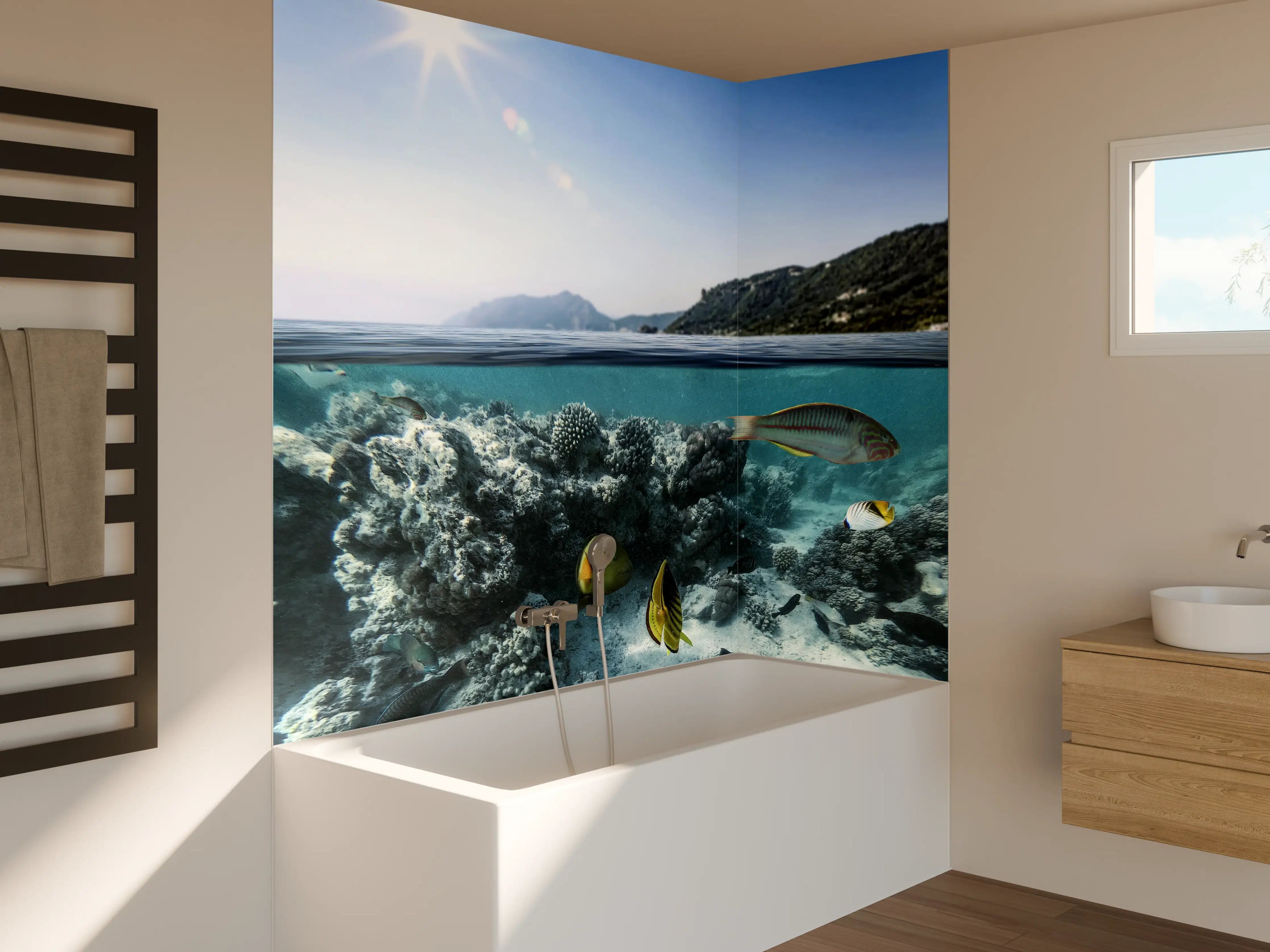 Badewannen-Rückwand - Exotische Fische im Korallenriff