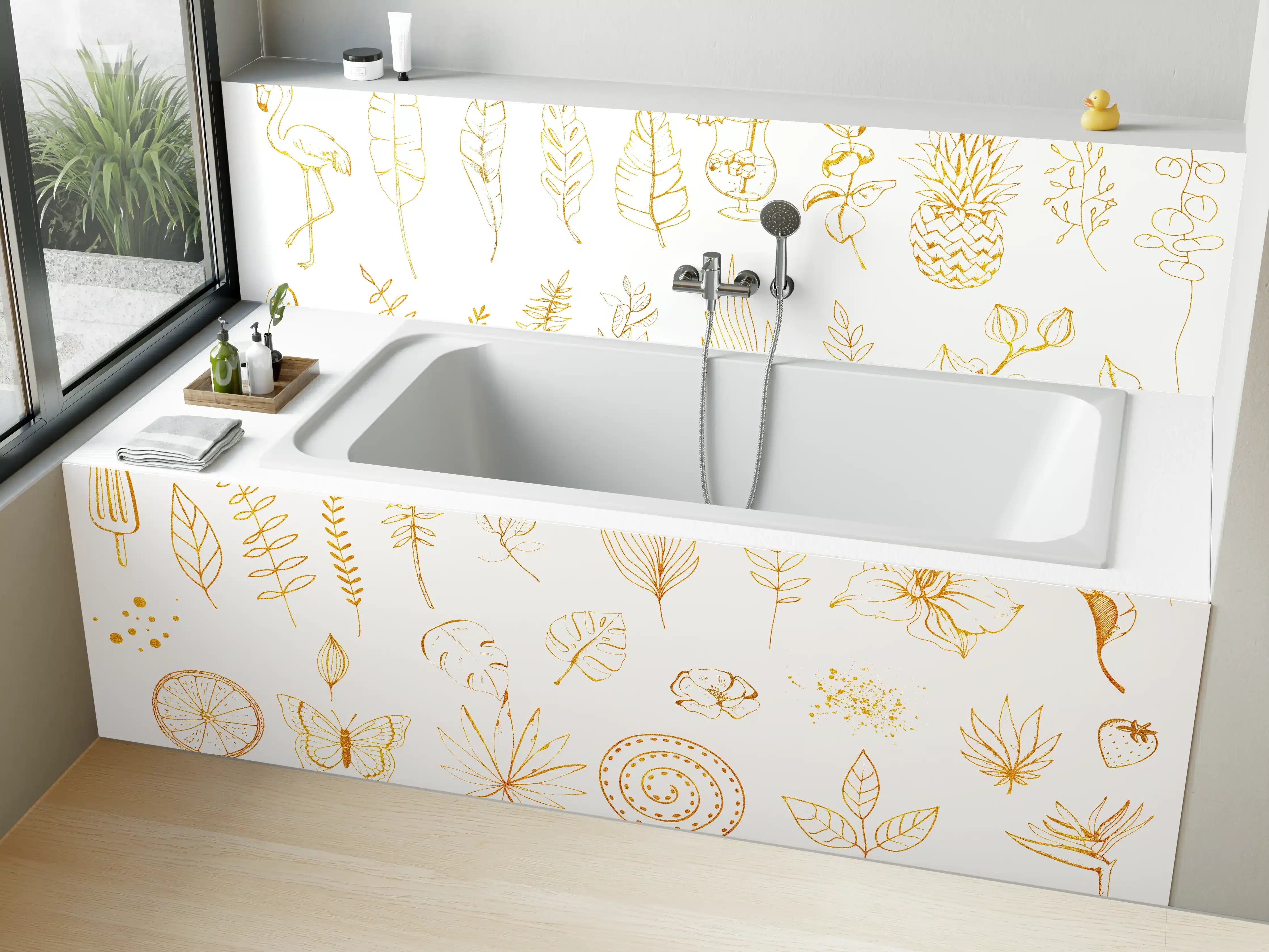 Badewannen-Rückwand - Exotische Motive - Zeichenmalerei
