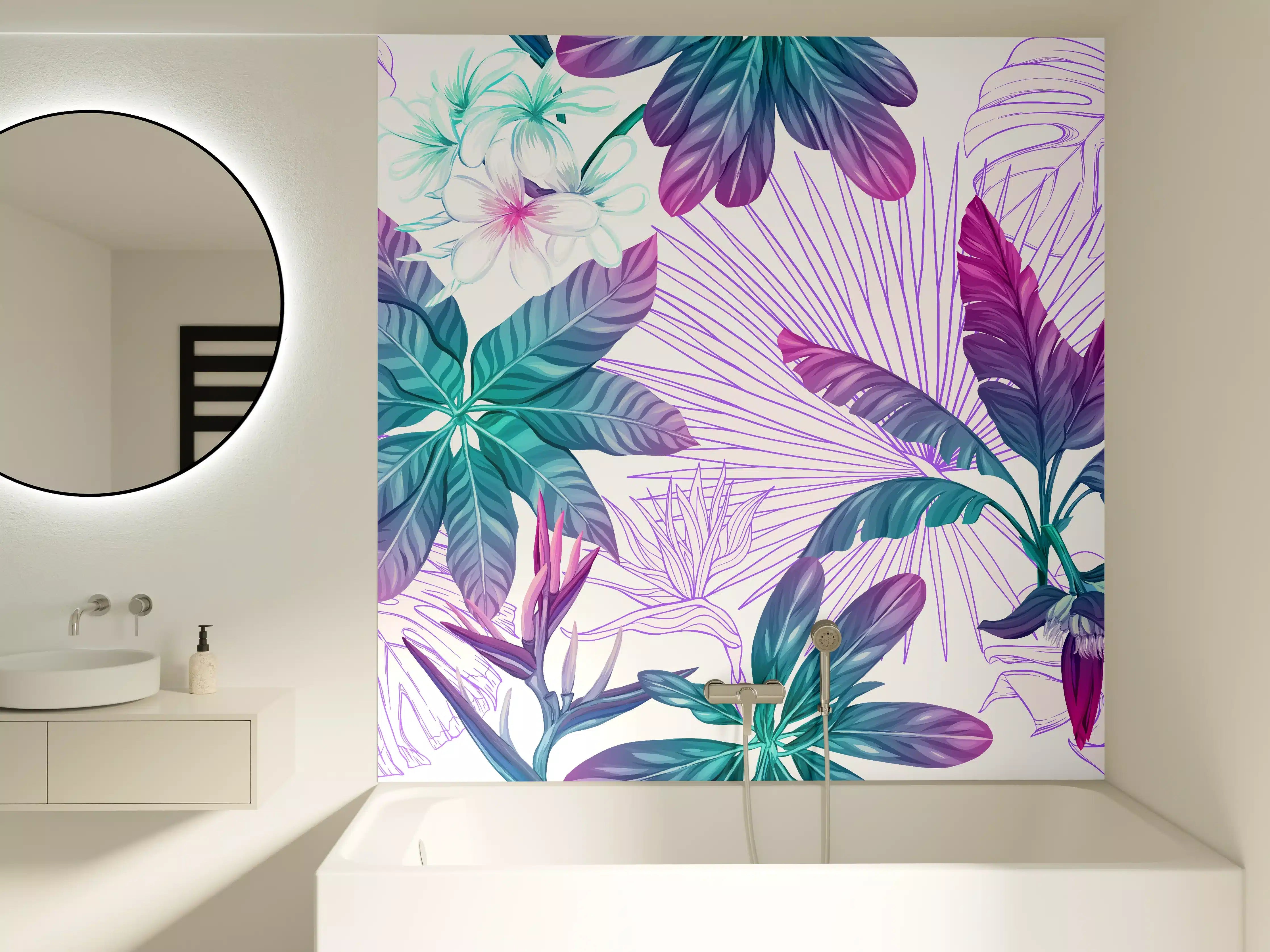 Badewannen-Rückwand - Exotische Pflanzenmuster Lila-Blau