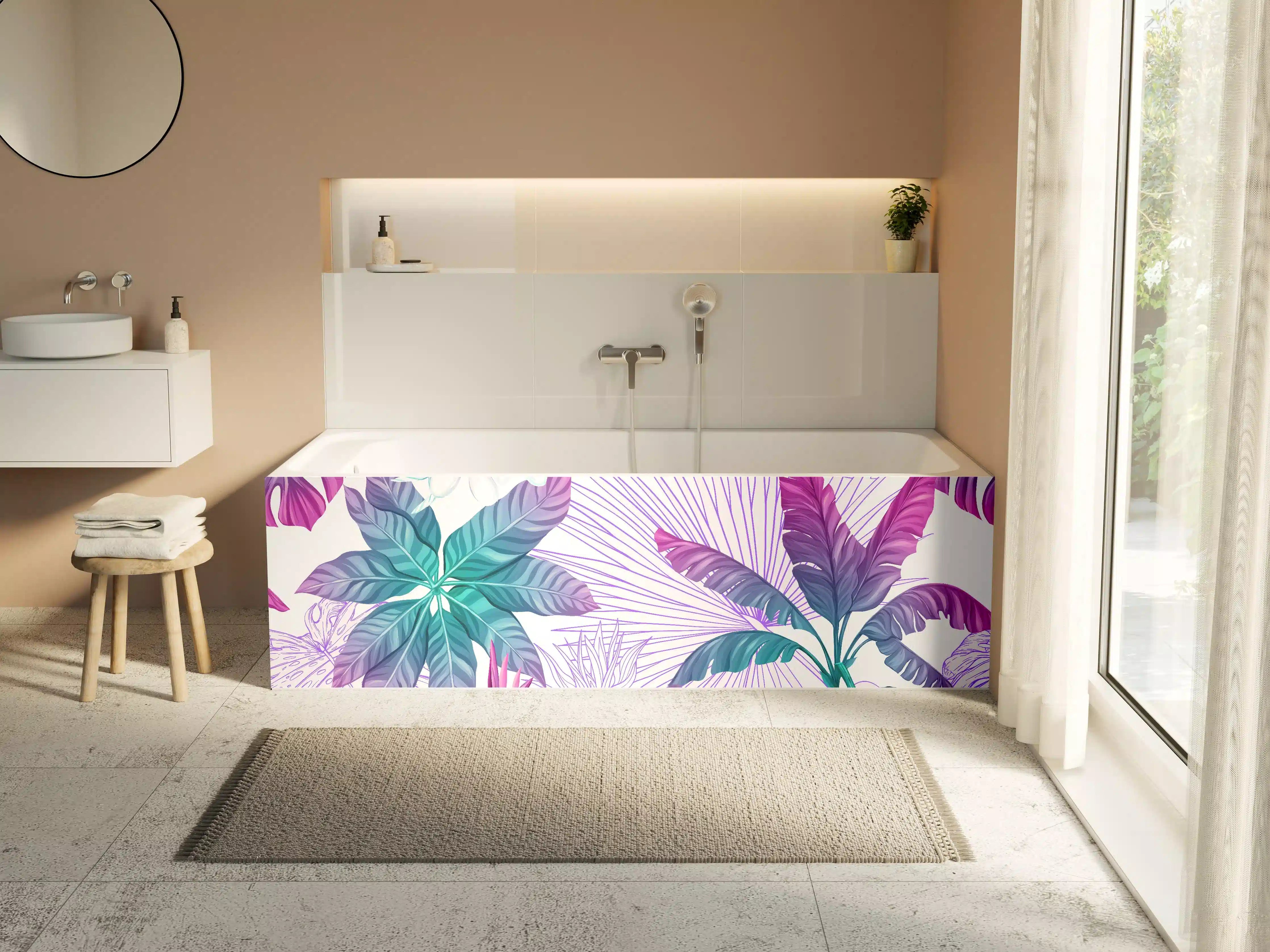 Badewannen-Rückwand - Exotische Pflanzenmuster Lila-Blau