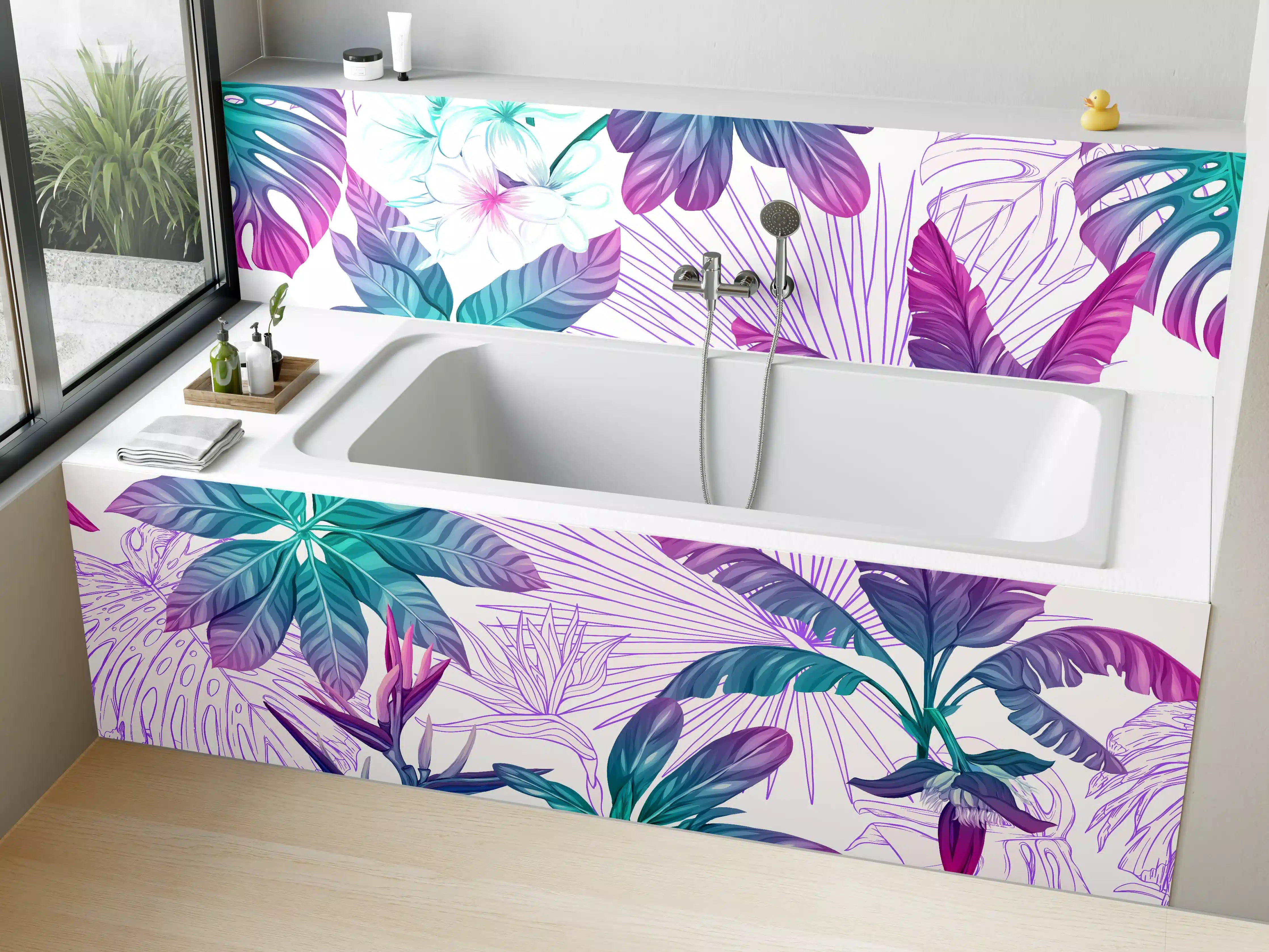 Badewannen-Rückwand - Exotische Pflanzenmuster Lila-Blau