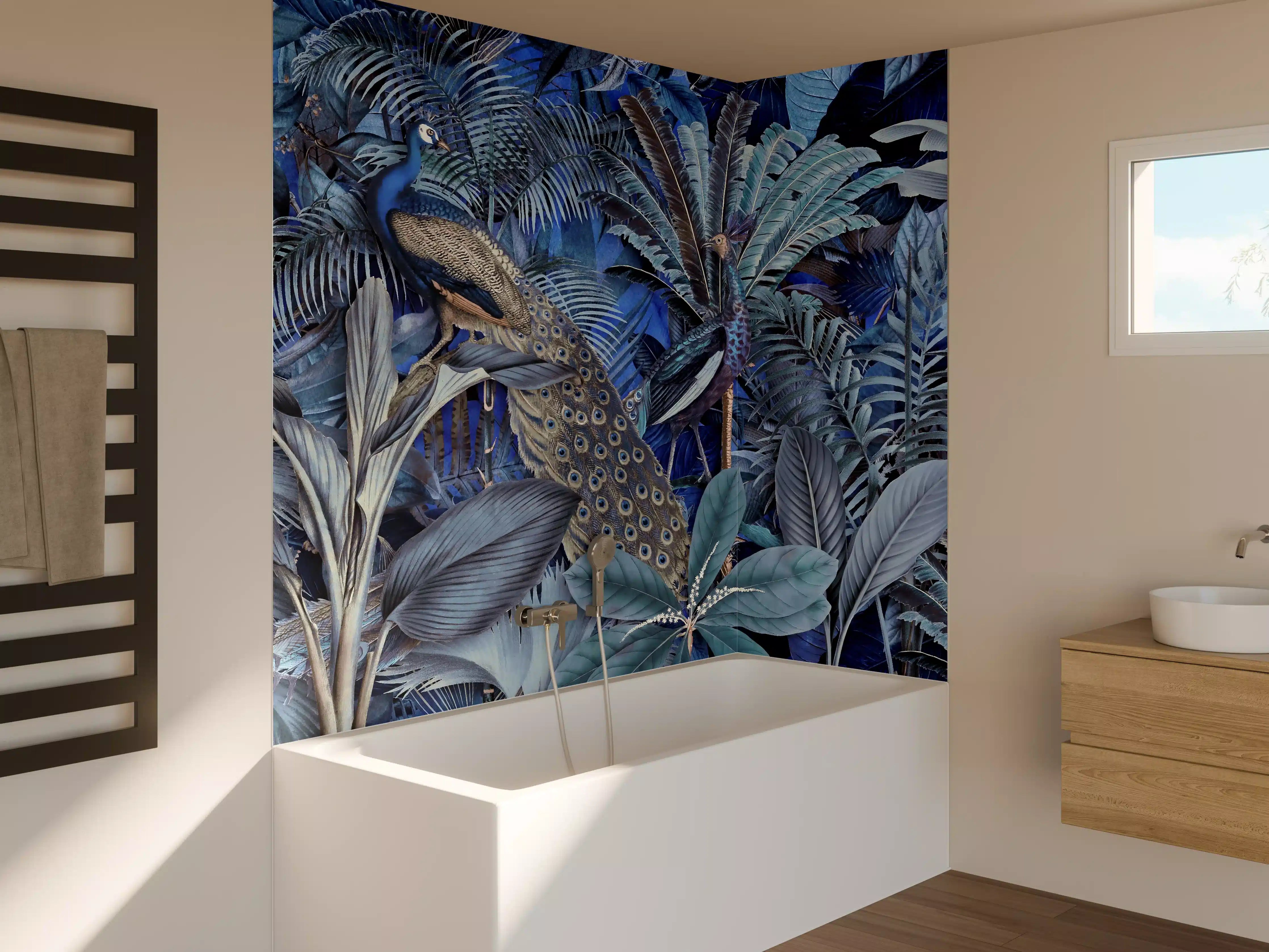 Badewannen-Rückwand - Exotischer Garten - Blaue Pfauen