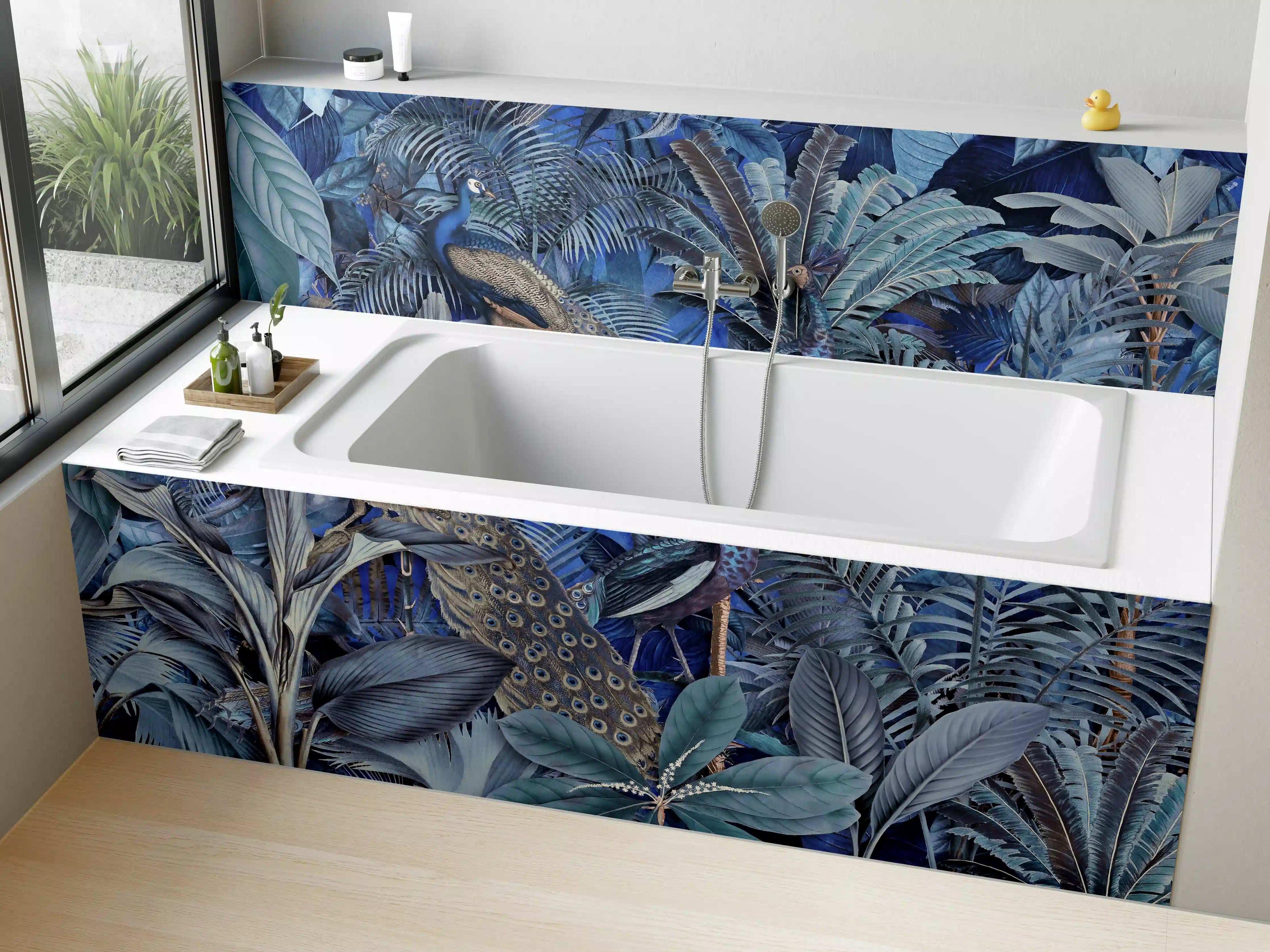 Badewannen-Rückwand - Exotischer Garten - Blaue Pfauen