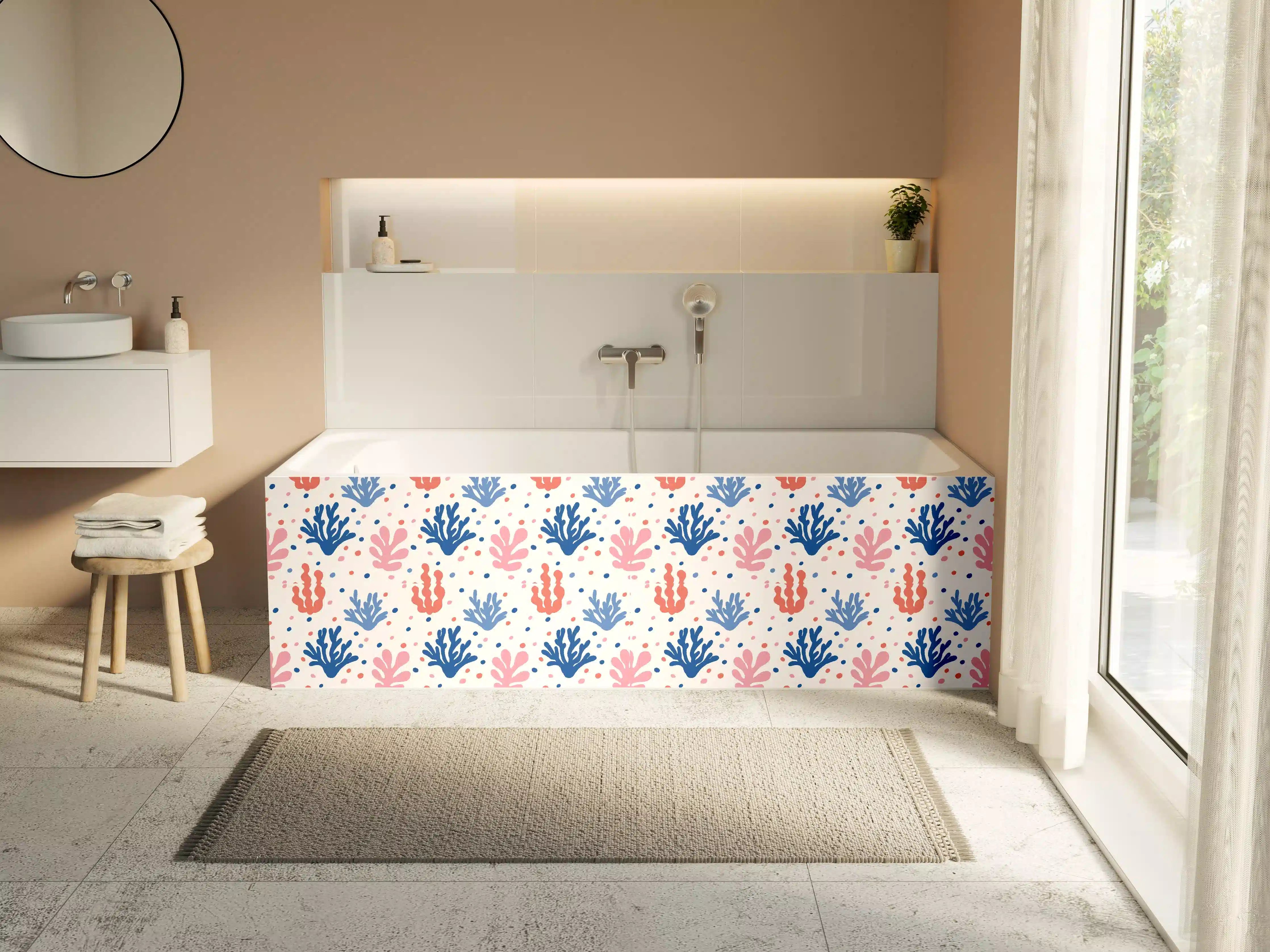 Badewannen-Rückwand - Exotisches Korallen-Design in Blau und Rosa