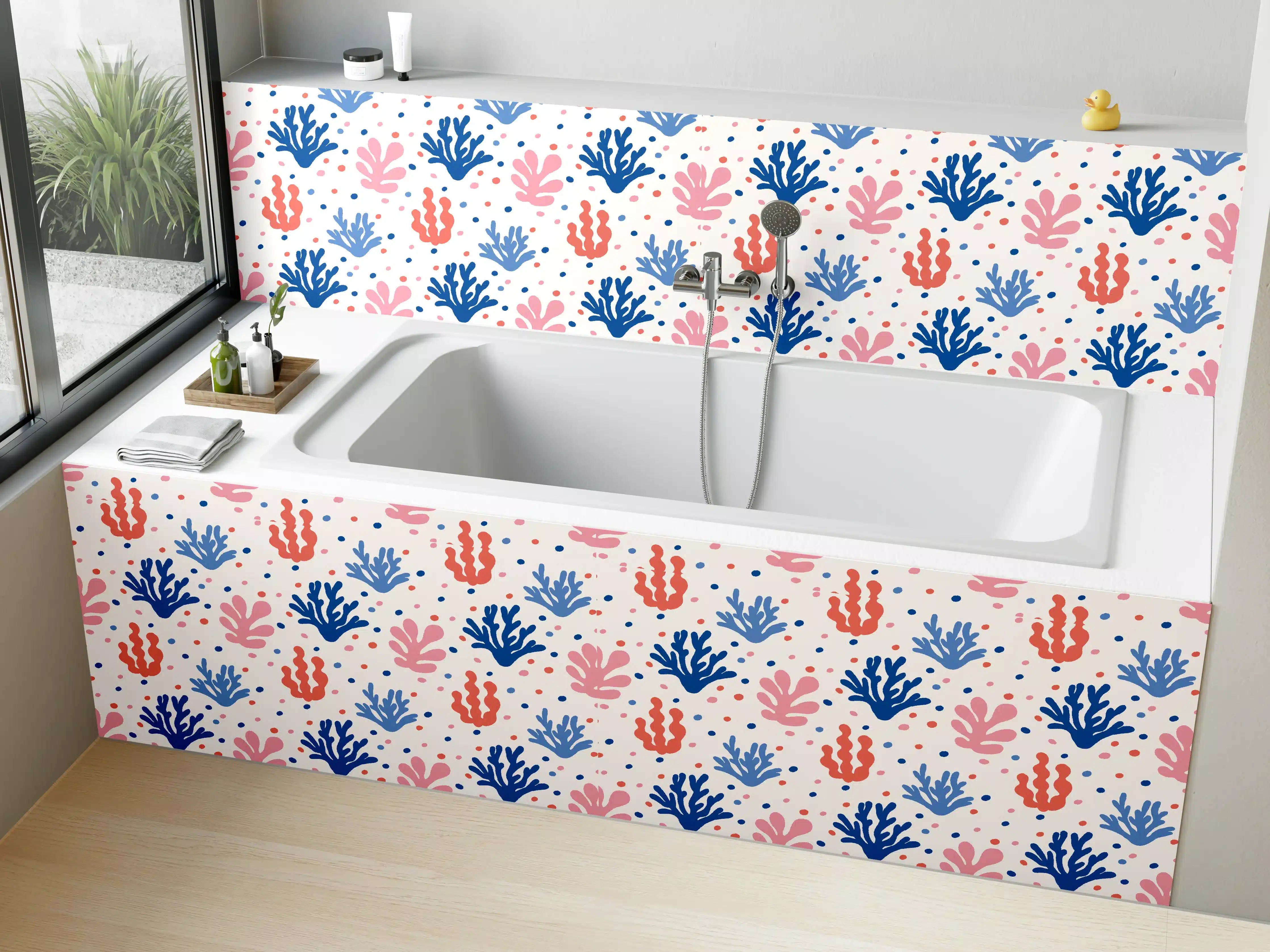 Badewannen-Rückwand - Exotisches Korallen-Design in Blau und Rosa