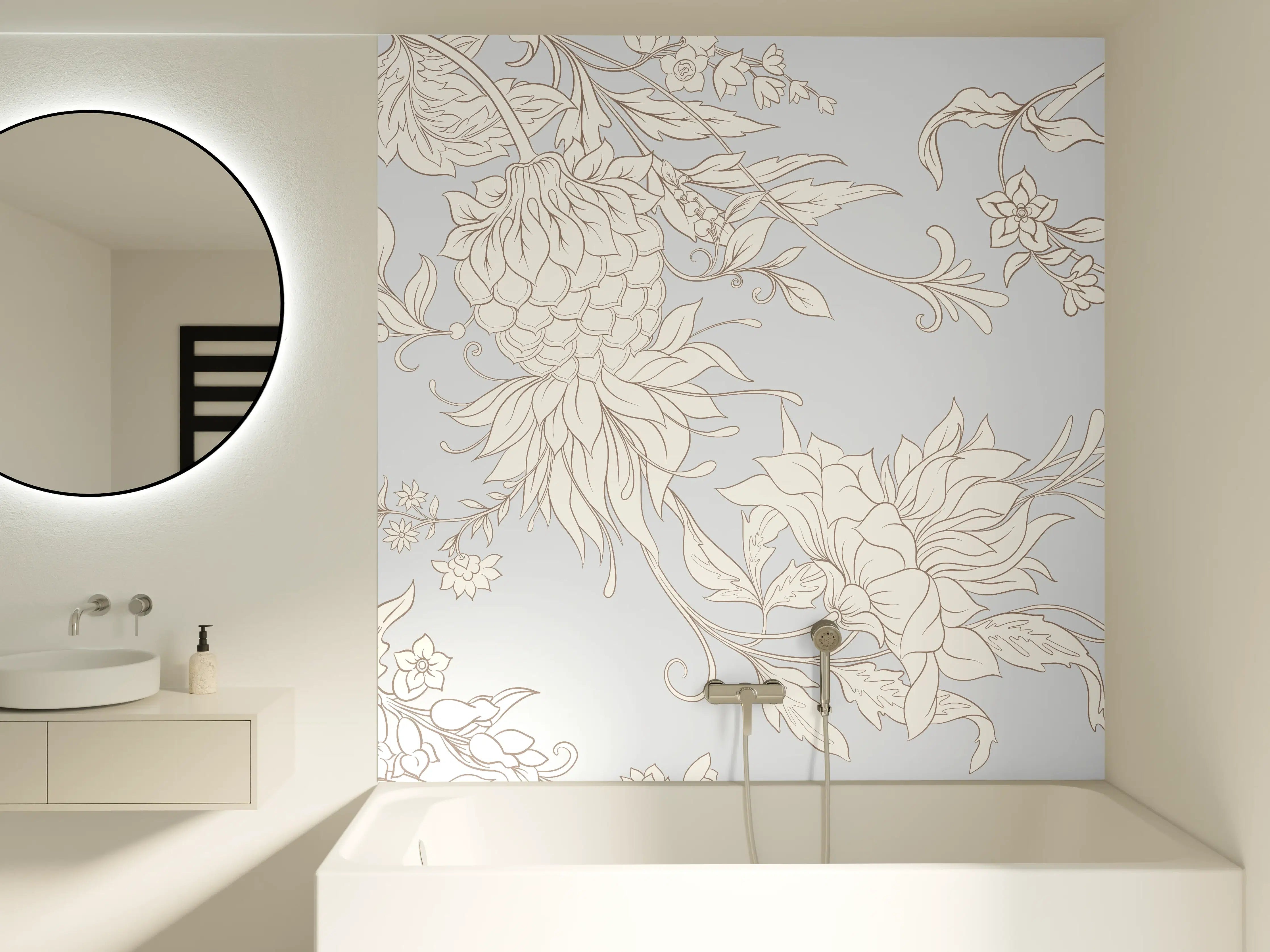 Badewannen-Rückwand - Fantasievolle Blumenzeichnung Weiß-Grau