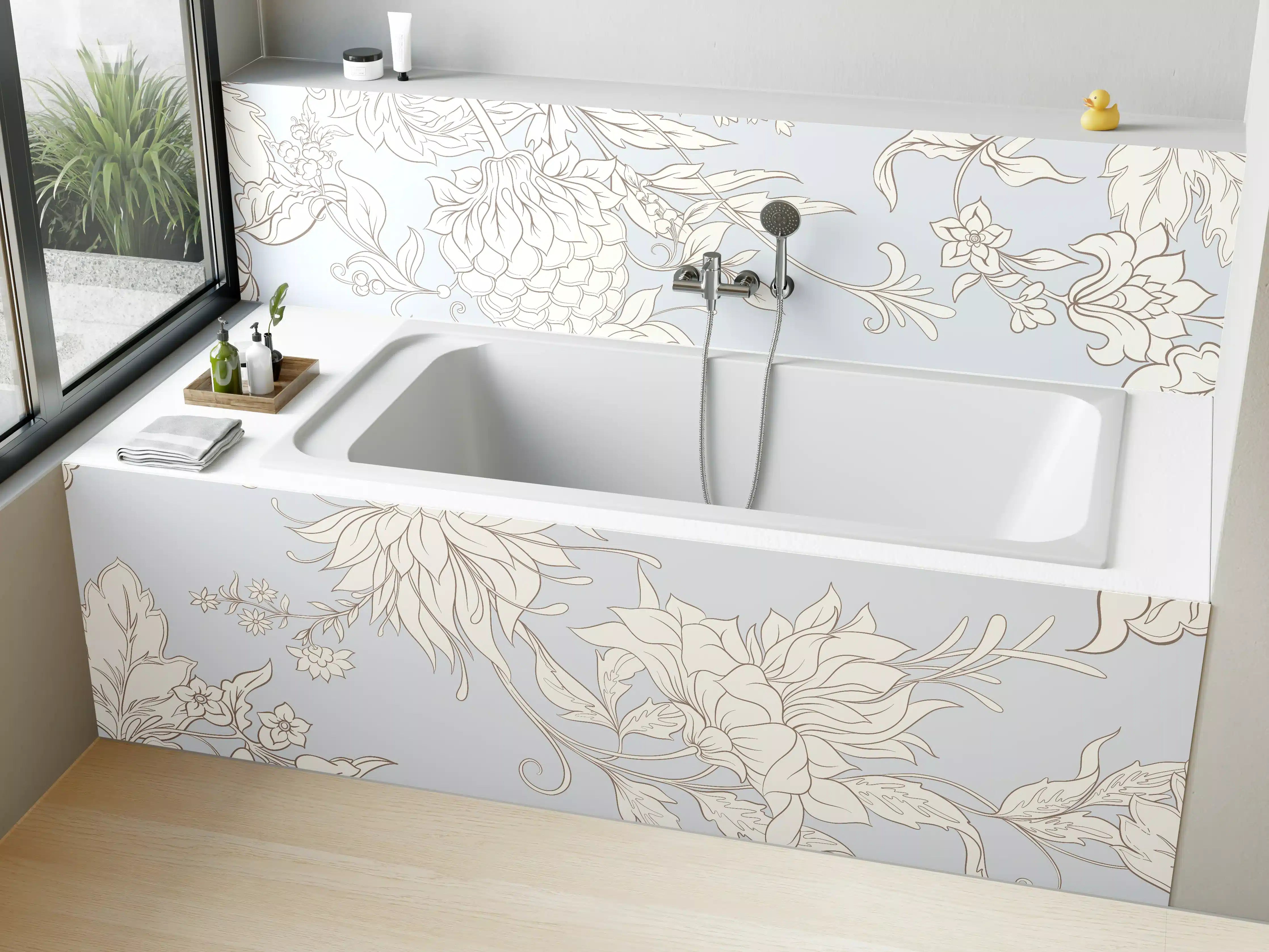 Badewannen-Rückwand - Fantasievolle Blumenzeichnung Weiß-Grau