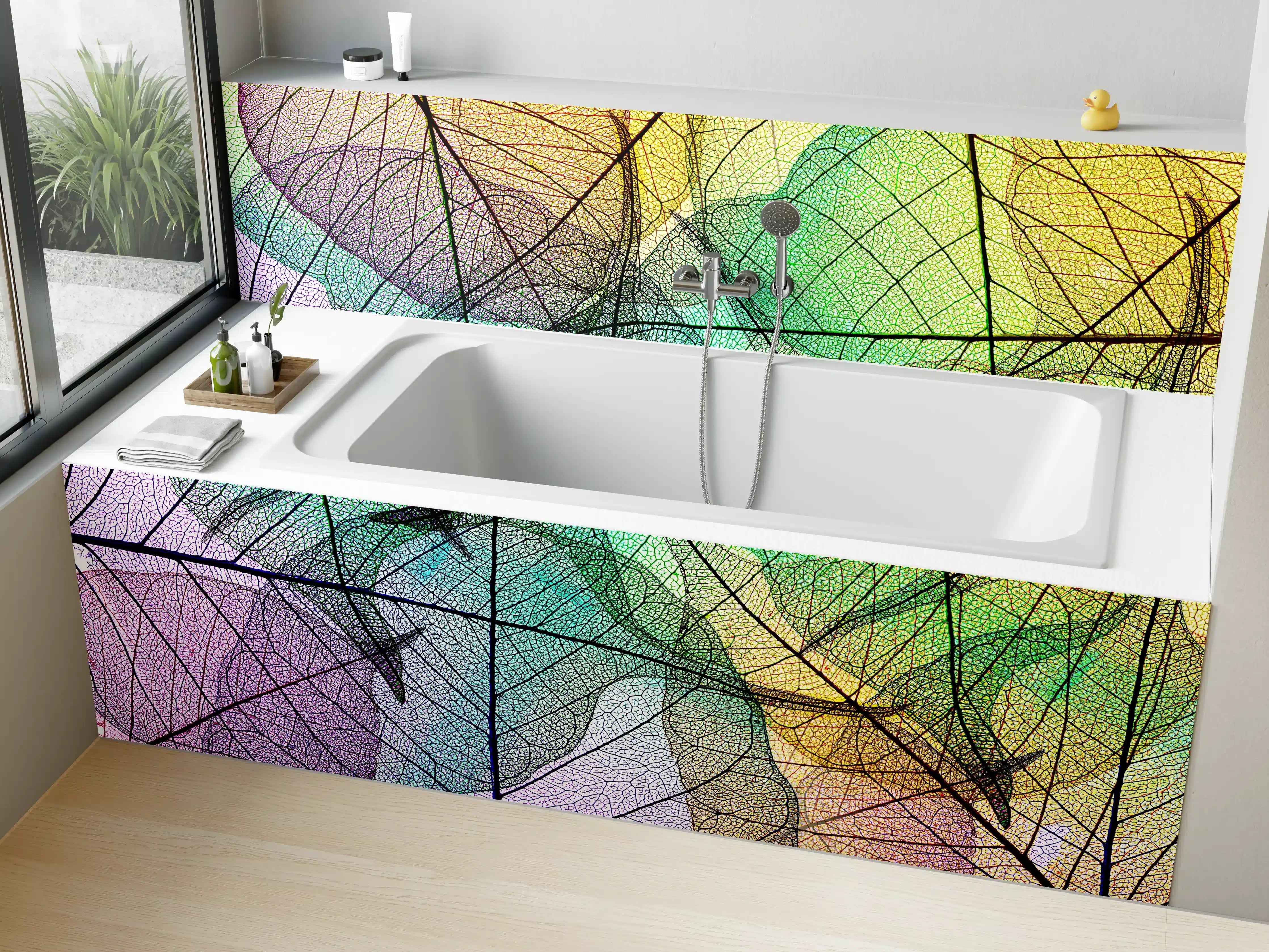 Badewannen-Rückwand - Farbenfrohe Laubtextur auf Weiß