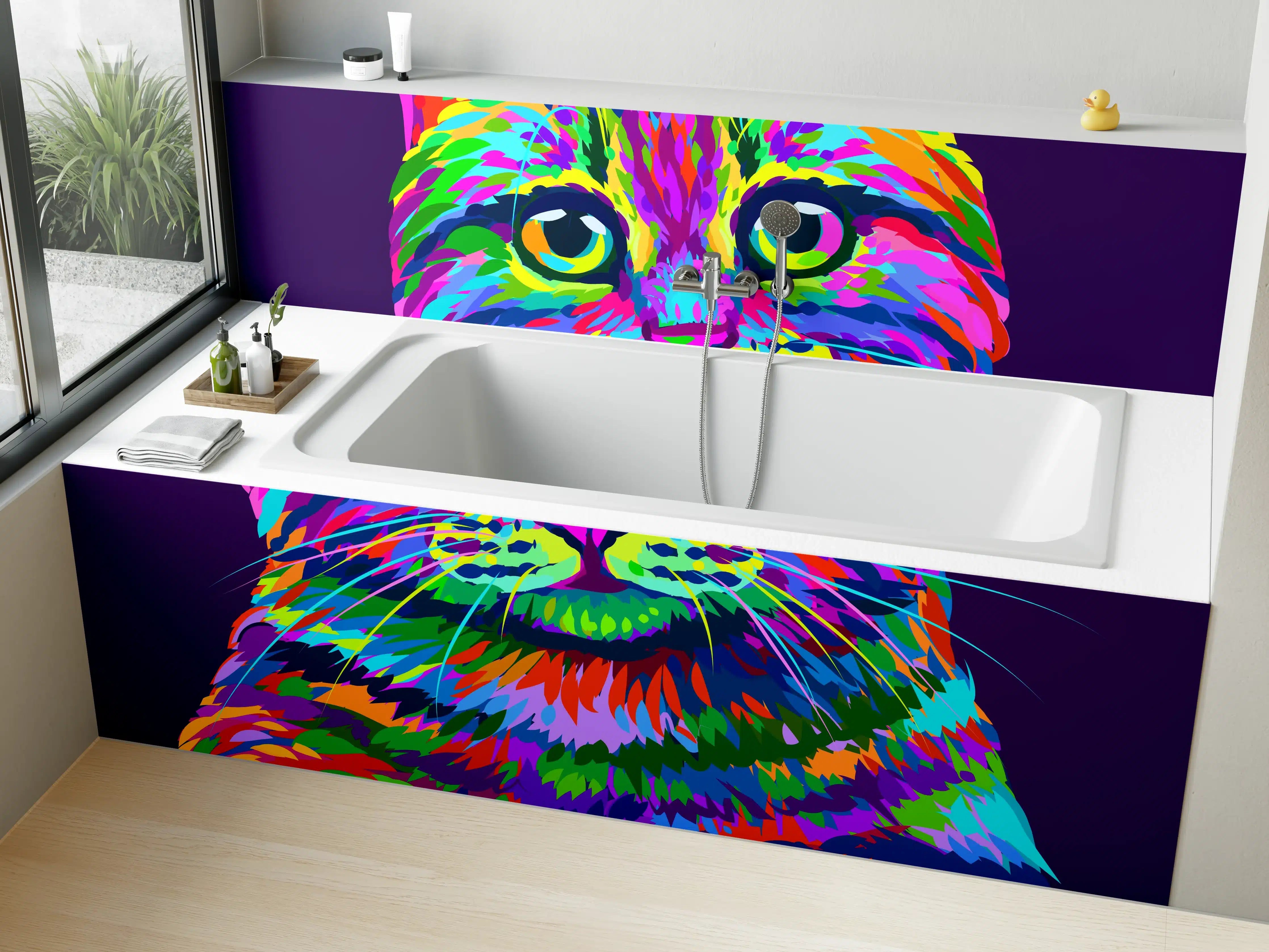 Badewannen-Rückwand - Farbenfrohe Neon-Katzen-Illustration