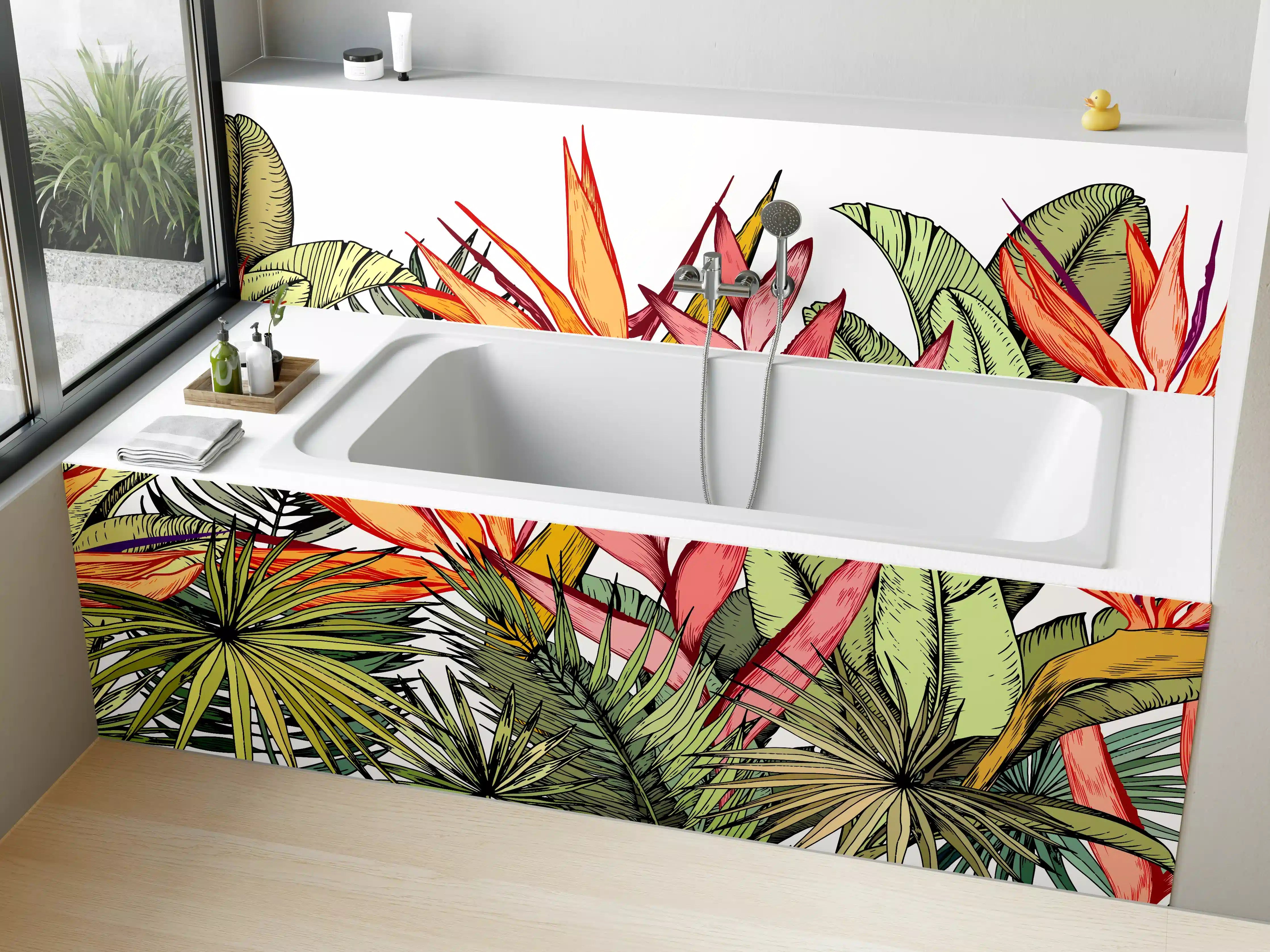 Badewannen-Rückwand - Farbenfroher Pflanzen-Print