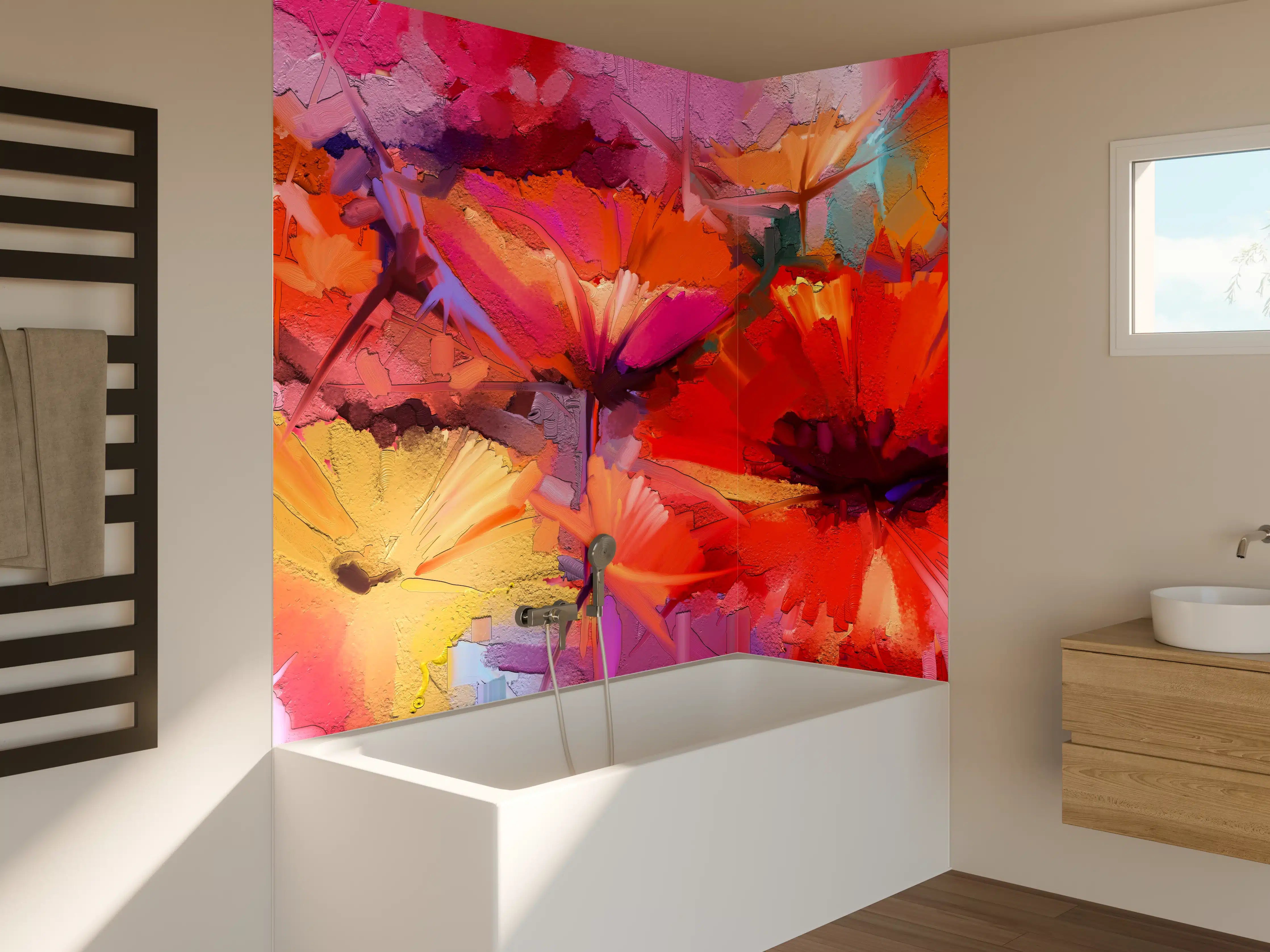 Badewannen-Rückwand - Farbenfrohes Gemälde von Frühlingsblumen